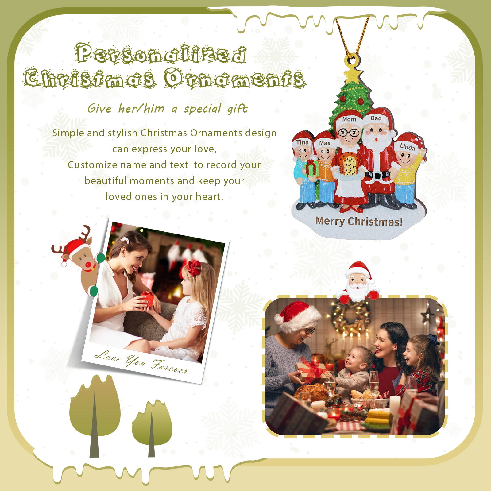 Décoration Sapin Noël en Bois Personnalisé avec 5 Prénoms et 1 Texte Ornement pour Famille | Jessemade