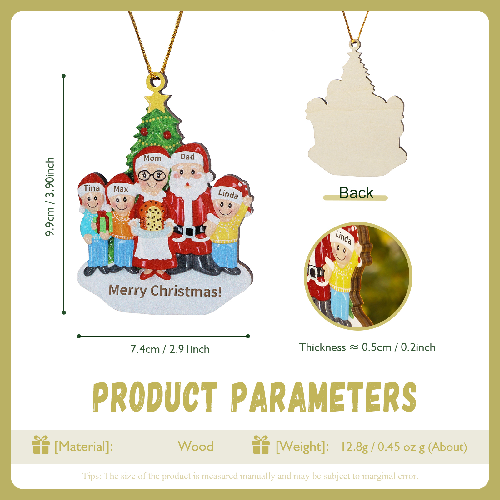 Décoration Sapin Noël en Bois Personnalisé avec 5 Prénoms et 1 Texte Ornement pour Famille | Jessemade