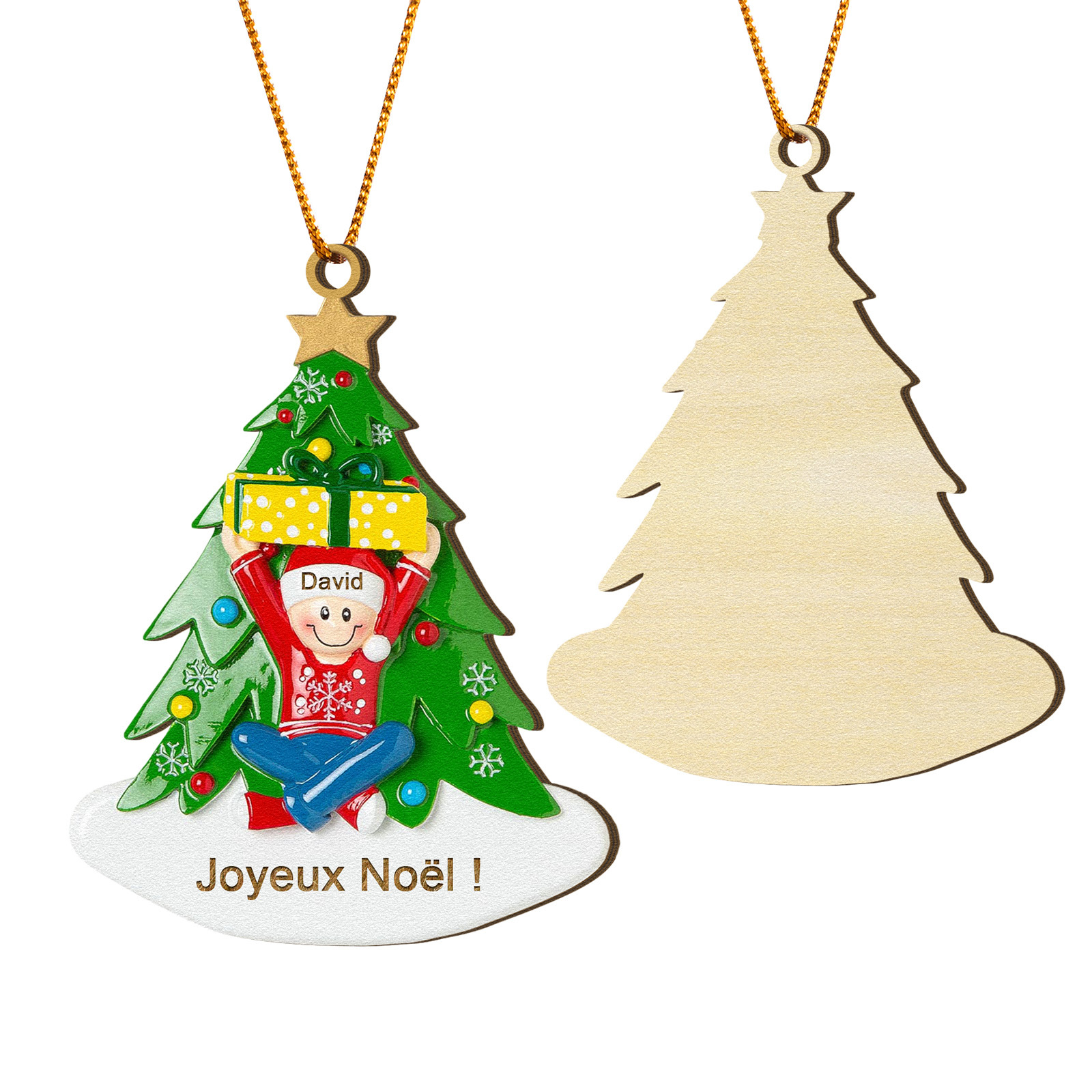 Décoration Sapin Noël en bois Sapin et les cadeaux 1 Prénom Personnalisé avec Texte Cadeau pour Famille | Jessemade