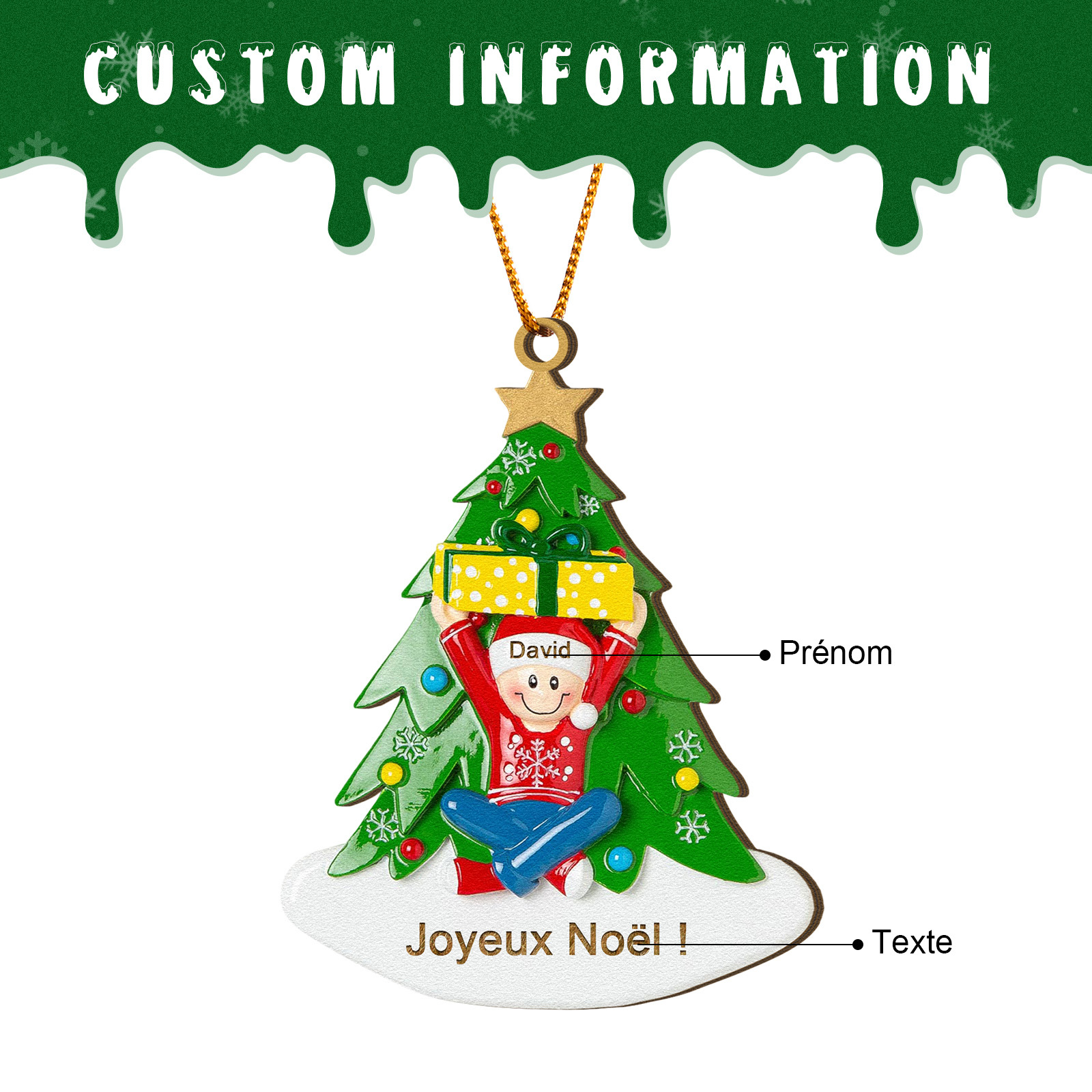 Décoration Sapin Noël en bois Sapin et les cadeaux 1 Prénom Personnalisé avec Texte Cadeau pour Famille | Jessemade