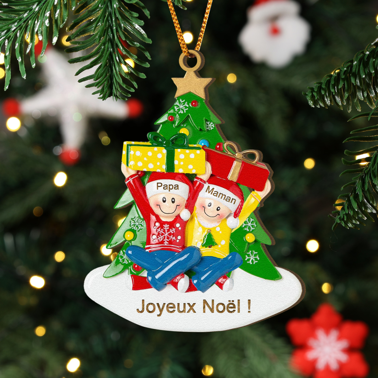 Décoration Sapin Noël en bois Sapin et les cadeaux 2 Prénoms Personnalisés avec Texte Cadeau pour Famille | Jessemade