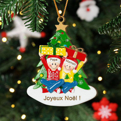 Décoration Sapin Noël en bois Sapin et les cadeaux 2 Prénoms Personnalisés avec Texte Cadeau pour Famille | Jessemade