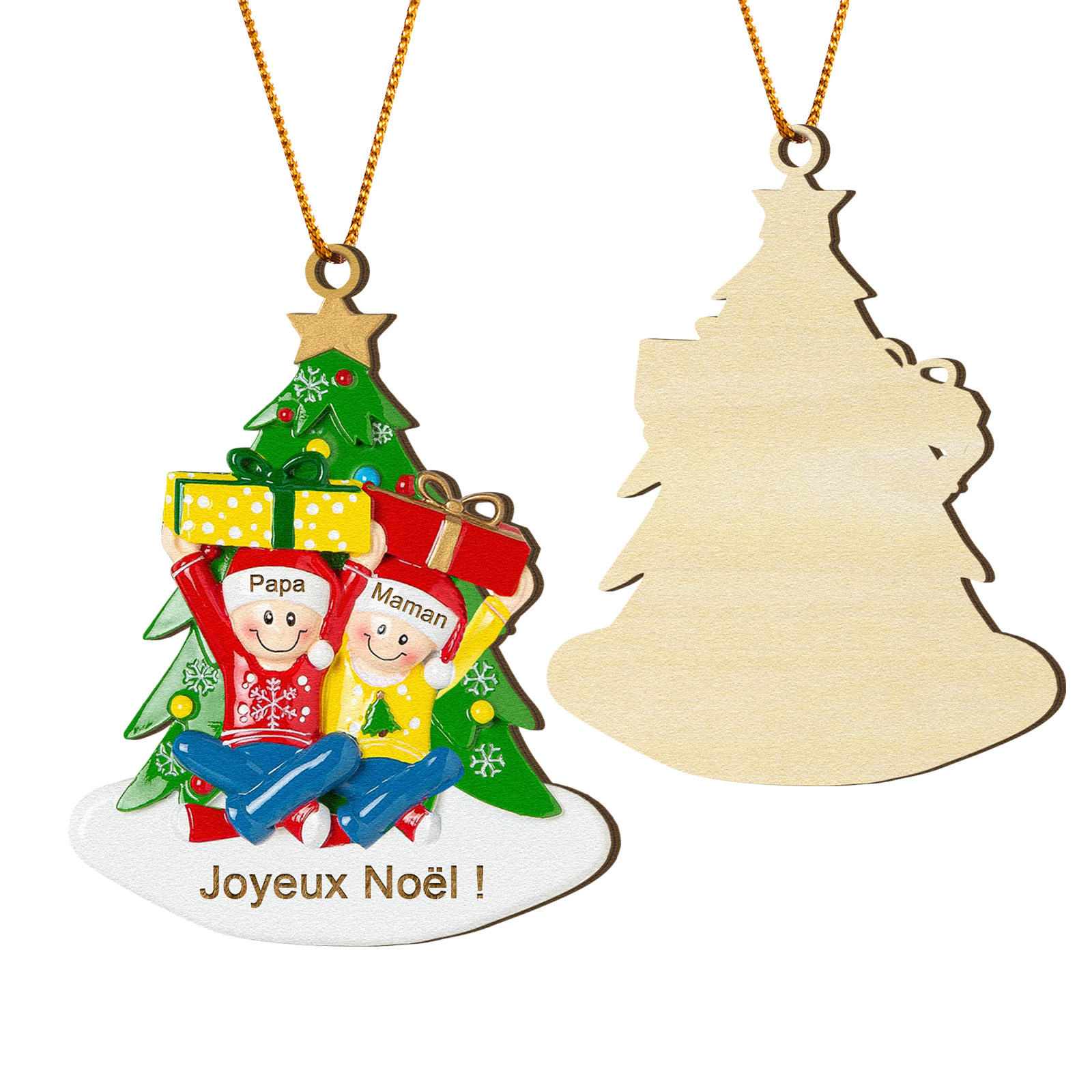 Décoration Sapin Noël en bois Sapin et les cadeaux 2 Prénoms Personnalisés avec Texte Cadeau pour Famille | Jessemade