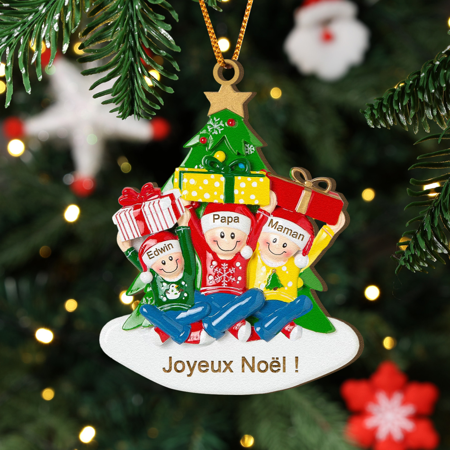 Décoration Sapin Noël en bois Sapin et les cadeaux 3 Prénoms Personnal