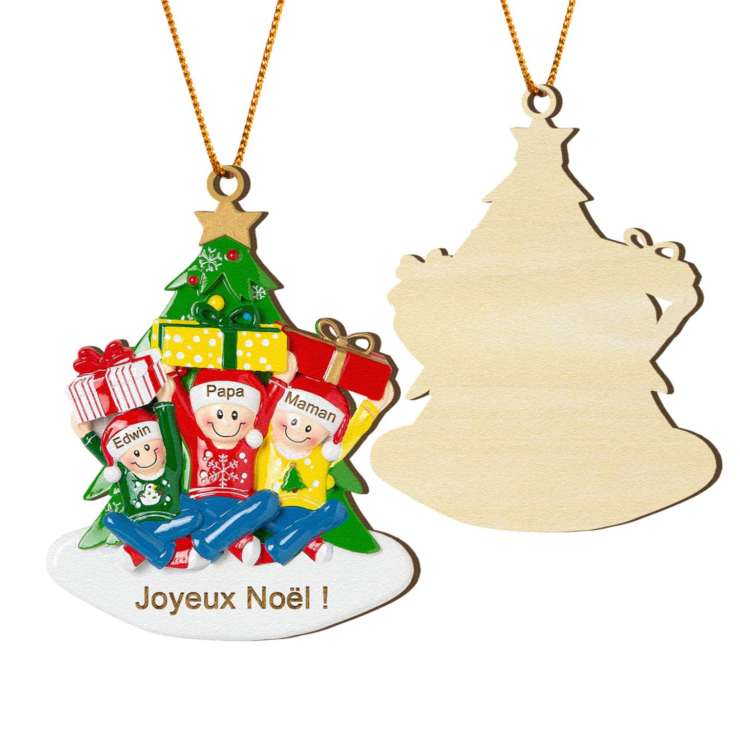 Décoration Sapin Noël en bois Sapin et les cadeaux 3 Prénoms Personnalisés avec Texte Cadeau pour Famille | Jessemade