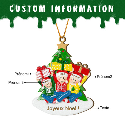 Décoration Sapin Noël en bois Sapin et les cadeaux 3 Prénoms Personnalisés avec Texte Cadeau pour Famille | Jessemade