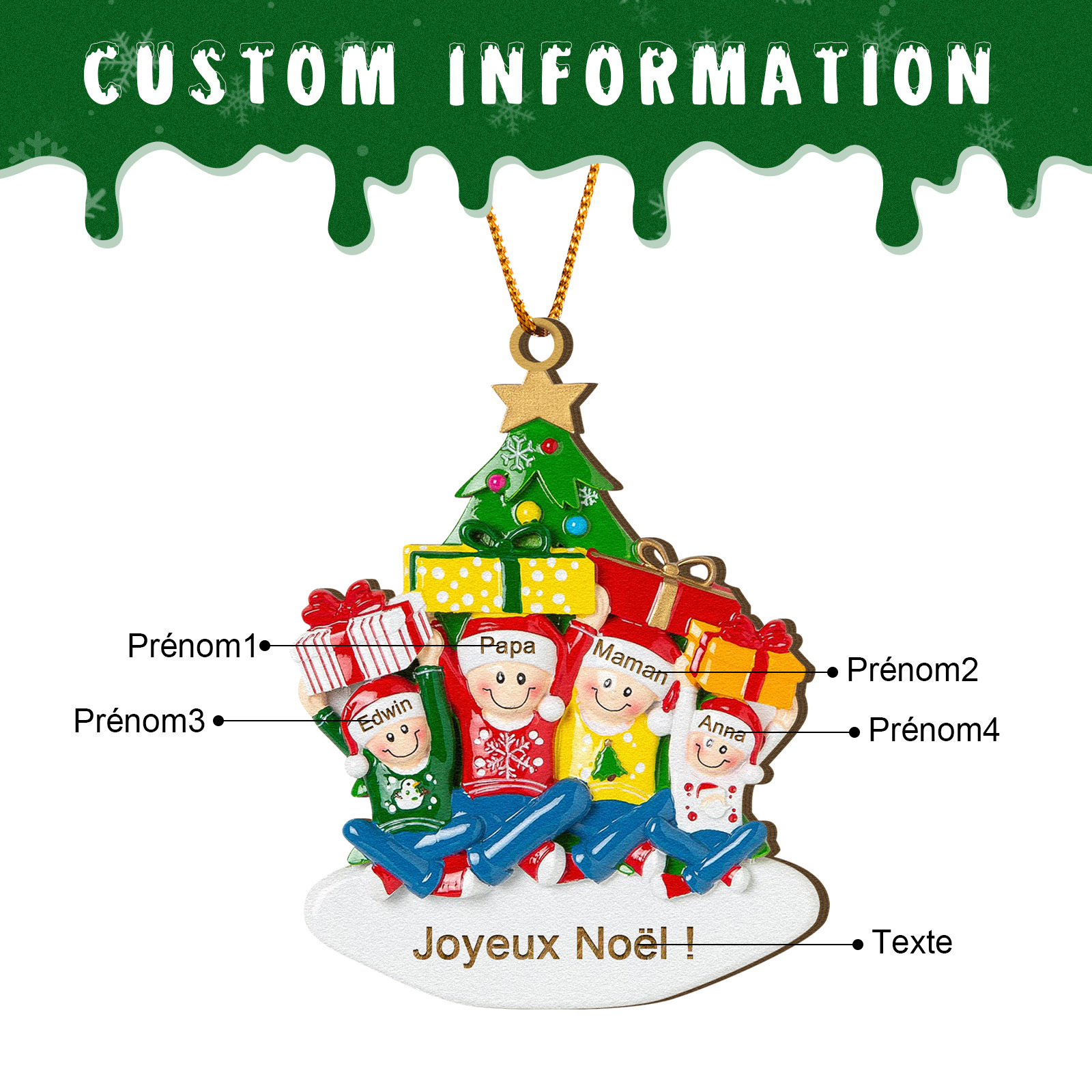 Décoration Sapin Noël en bois Sapin et les cadeaux 4 Prénoms Personnalisés avec Texte Cadeau pour Famille | Jessemade