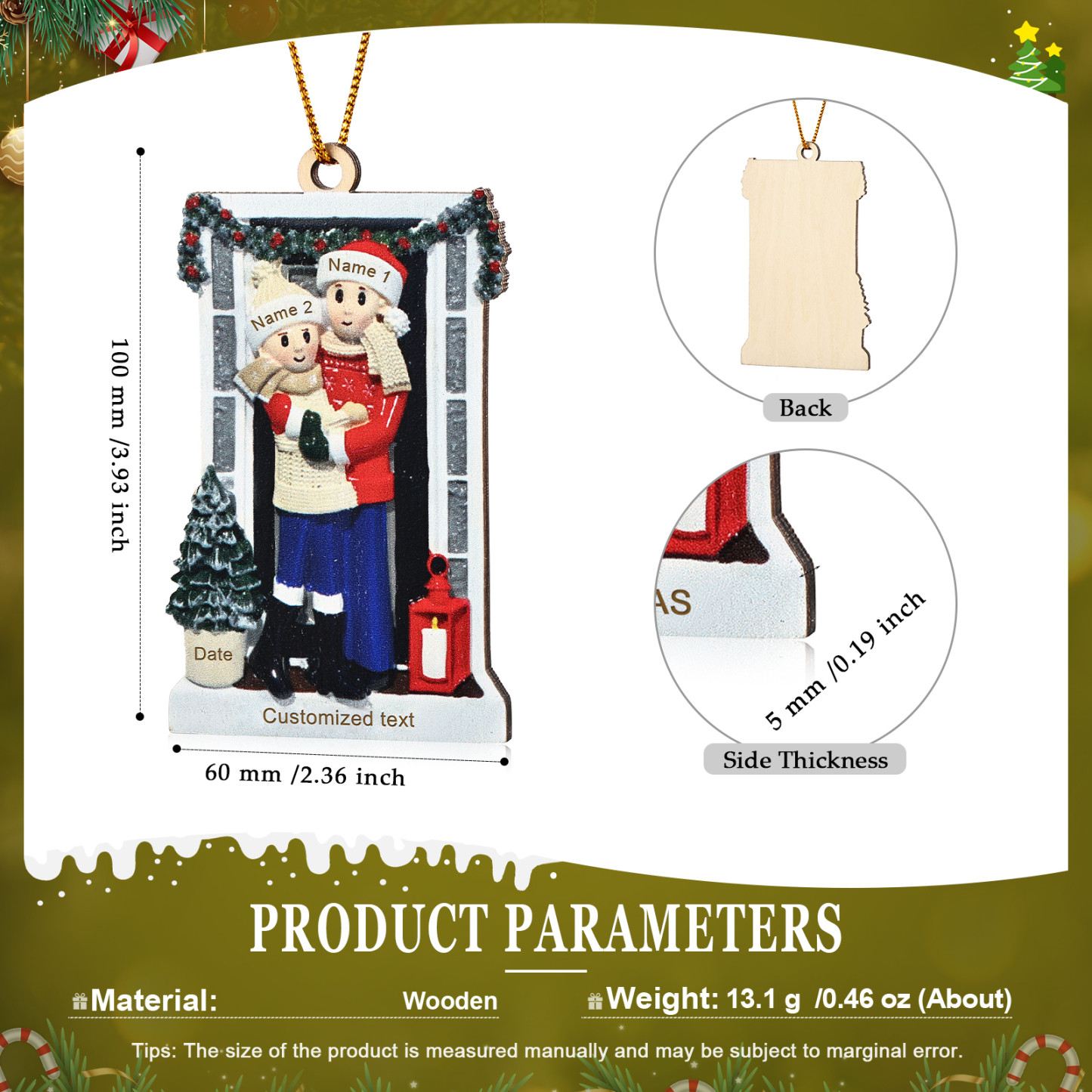 Décoration Sapin Noël en bois sla famille avant la porte 2 Prénoms Personnalisés avec texte et date Ornement de Noël Cadeau pour famille | Jessemade