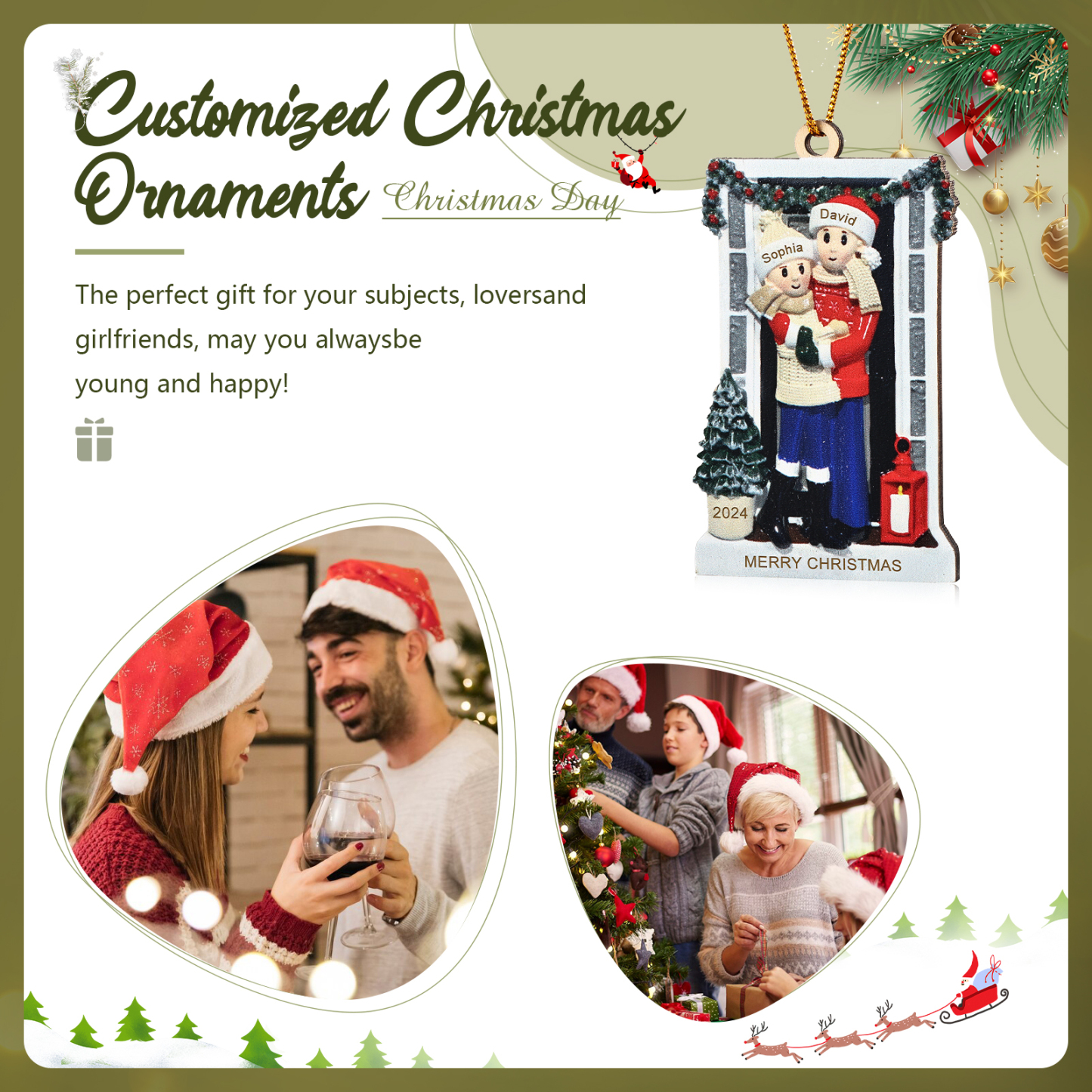 Décoration Sapin Noël en bois sla famille avant la porte 2 Prénoms Personnalisés avec texte et date Ornement de Noël Cadeau pour famille | Jessemade