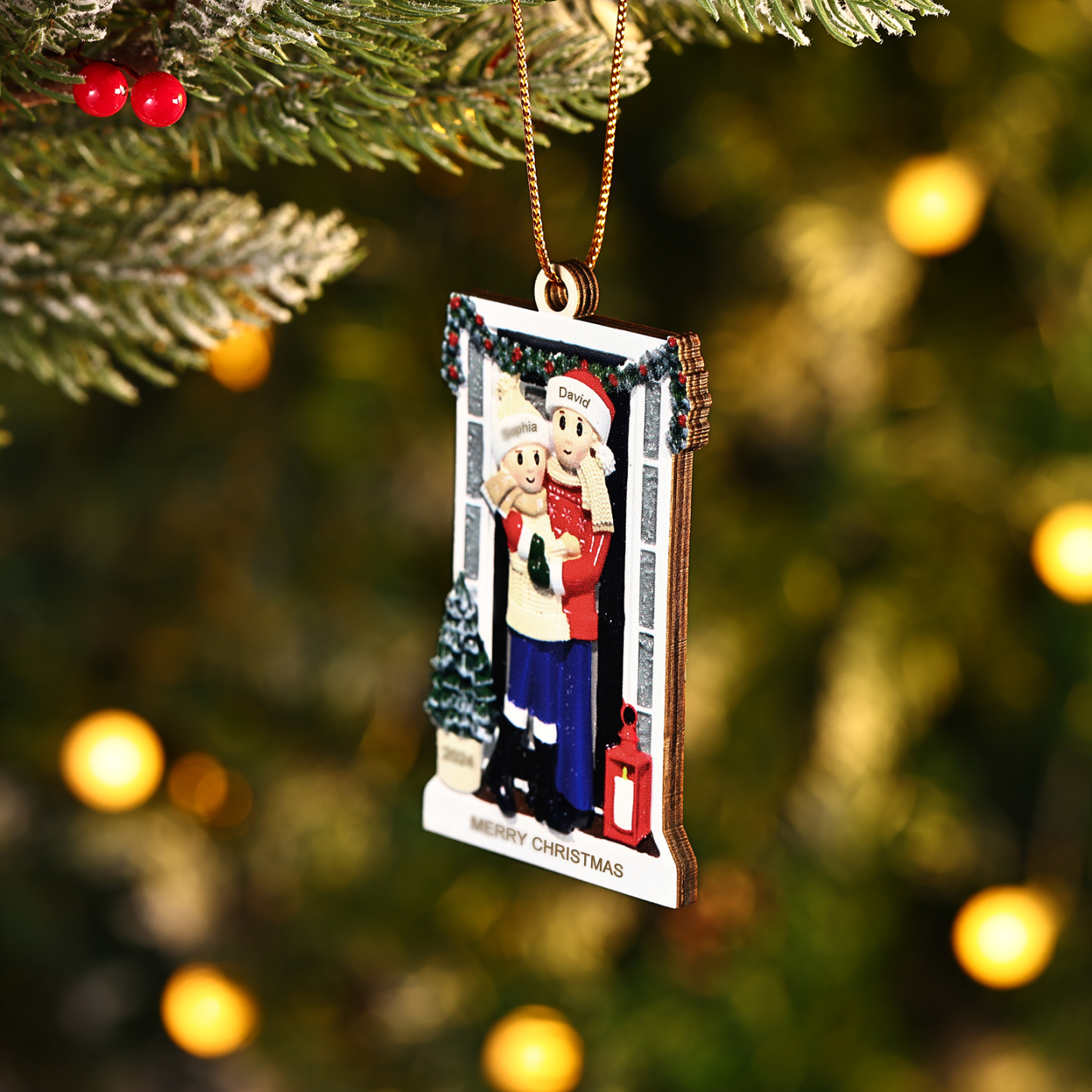 Décoration Sapin Noël en bois sla famille avant la porte 2 Prénoms Personnalisés avec texte et date Ornement de Noël Cadeau pour famille | Jessemade