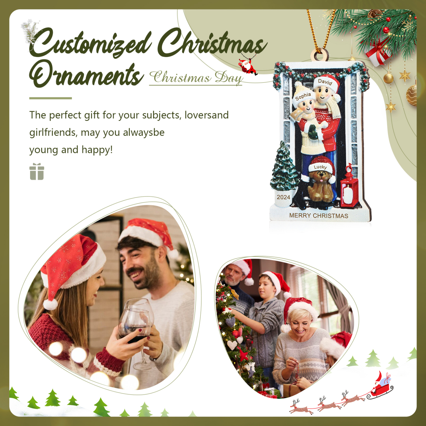 Décoration Sapin Noël en bois la famille avec le chien avant la porte 3 Prénoms Personnalisés avec texte et date Cadeau pour famille | Jessemade