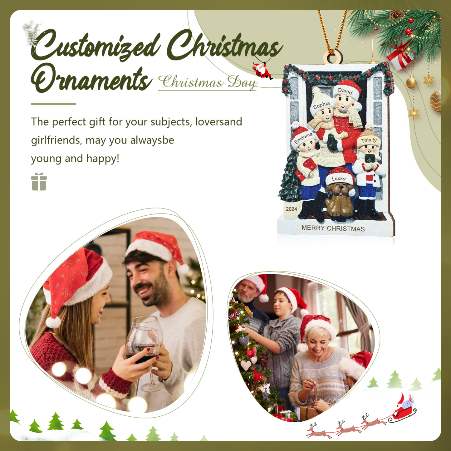 Décoration Sapin Noël en bois la famille avec le chien devant la porte 5 Prénoms Personnalisés avec texte et date Cadeau pour famille | Jessemade