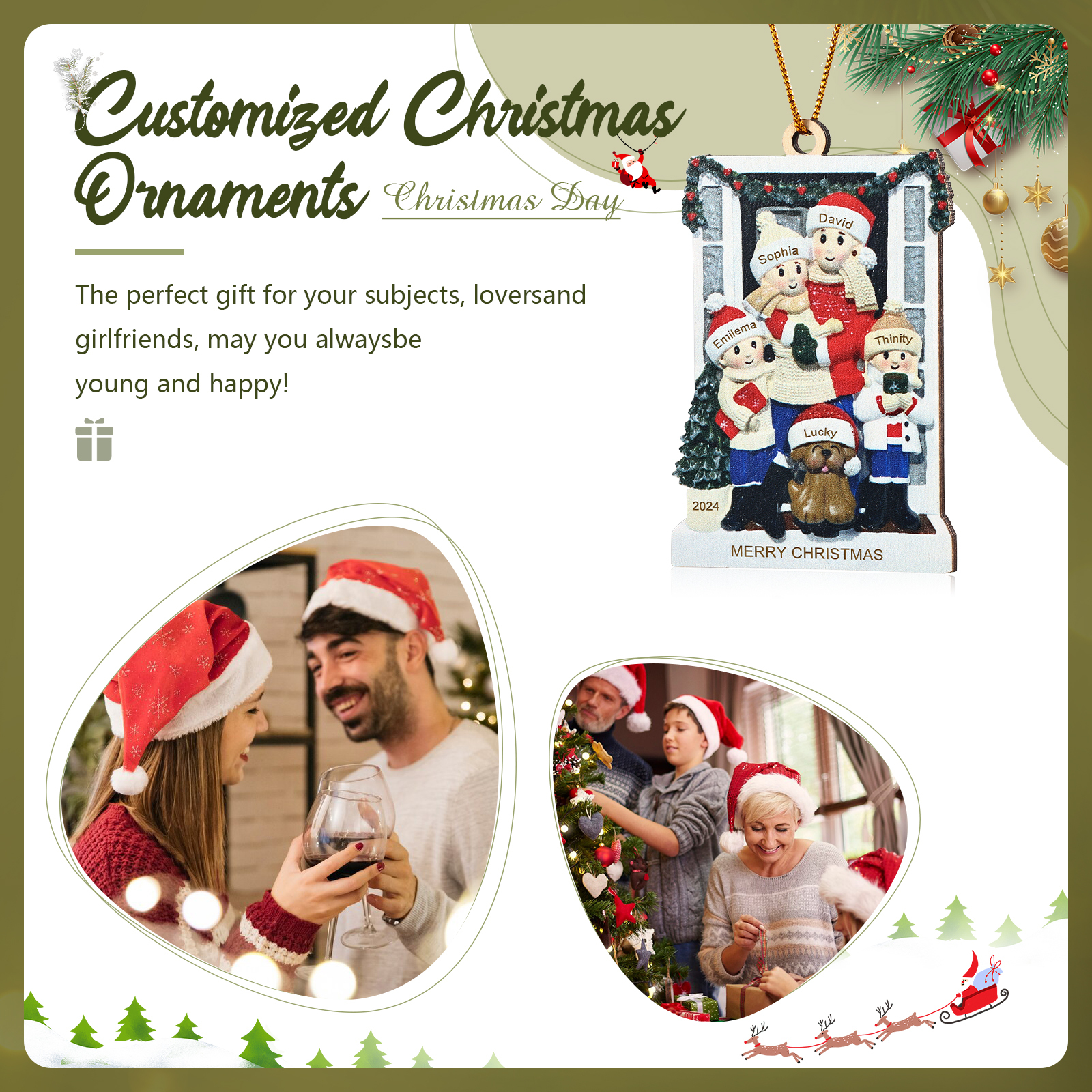 Décoration Sapin Noël en bois la famille avec le chien devant la porte 5 Prénoms Personnalisés avec texte et date Cadeau pour famille | Jessemade