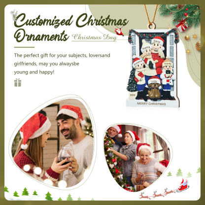 Décoration Sapin Noël en bois la famille avec le chien devant la porte 5 Prénoms Personnalisés avec texte et date Cadeau pour famille | Jessemade
