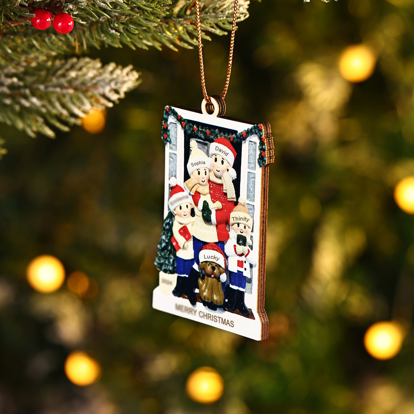 Décoration Sapin Noël en bois la famille avec le chien devant la porte 5 Prénoms Personnalisés avec texte et date Cadeau pour famille | Jessemade