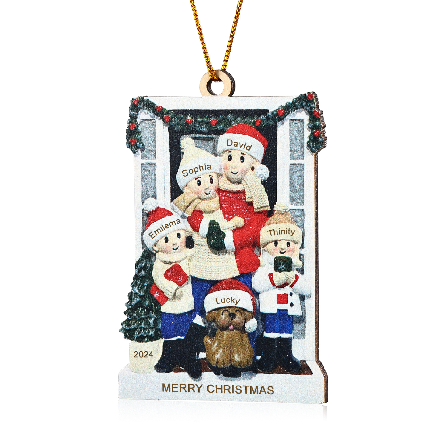 Décoration Sapin Noël en bois la famille avec le chien devant la porte 5 Prénoms Personnalisés avec texte et date Cadeau pour famille | Jessemade