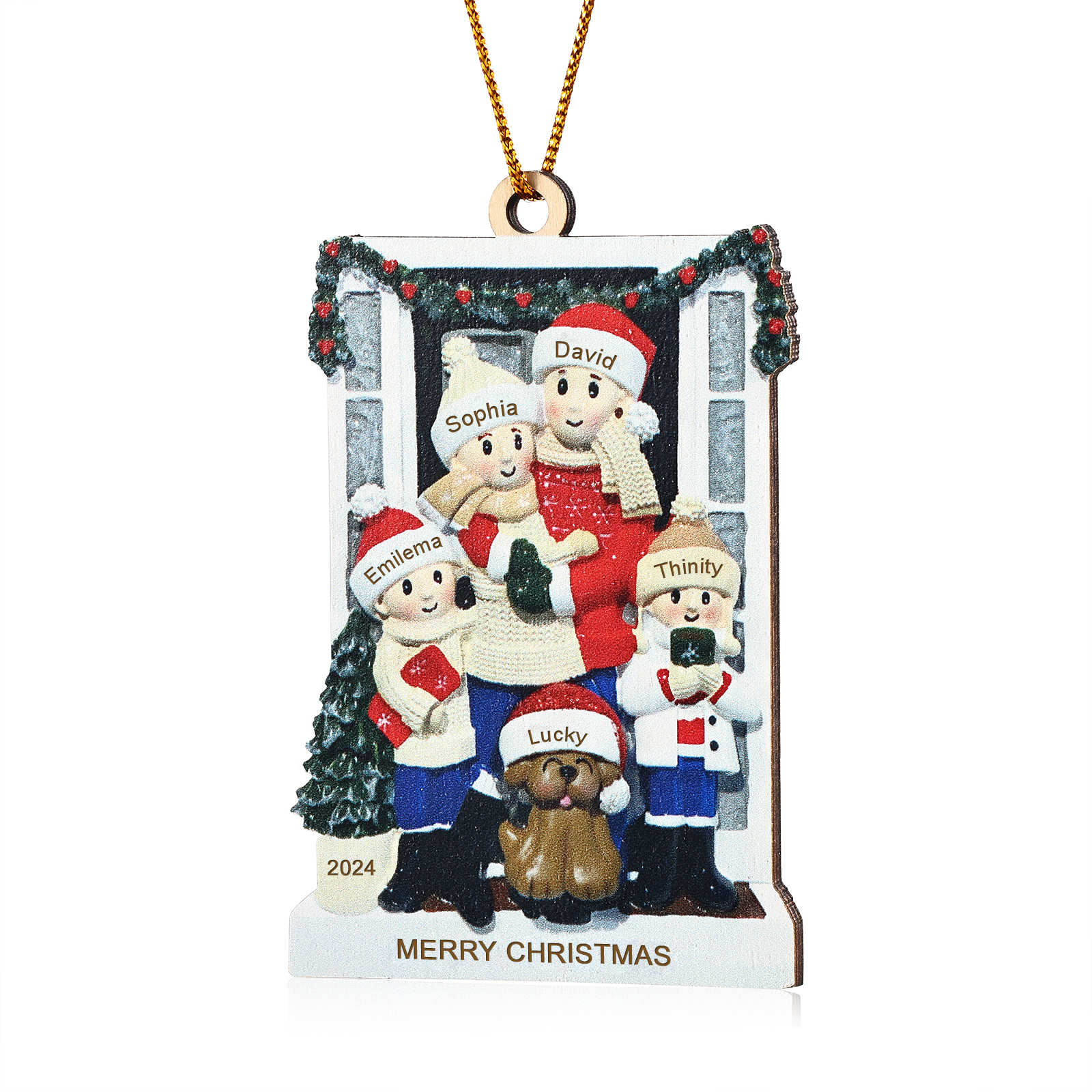 Décoration Sapin Noël en bois la famille avec le chien devant la porte 5 Prénoms Personnalisés avec texte et date Cadeau pour famille | Jessemade
