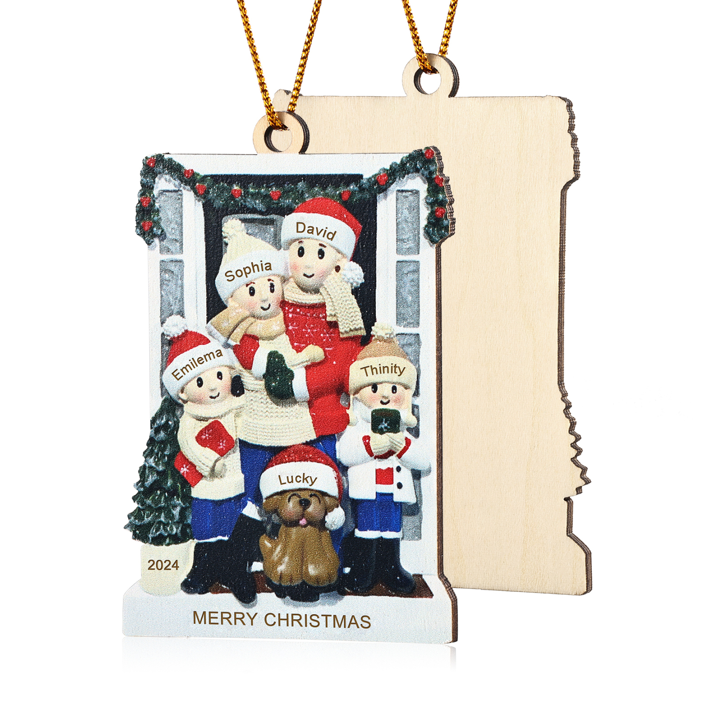 Décoration Sapin Noël en bois la famille avec le chien devant la porte 5 Prénoms Personnalisés avec texte et date Cadeau pour famille | Jessemade