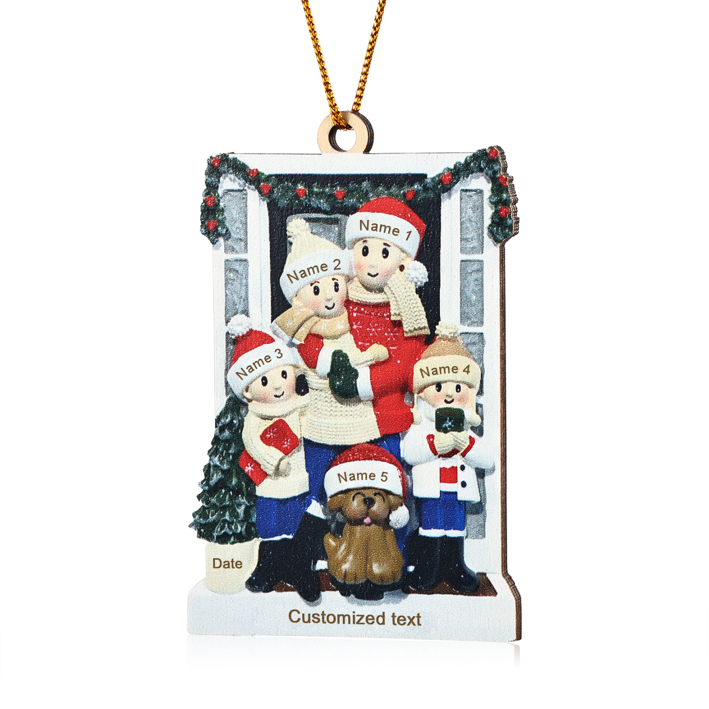 Décoration Sapin Noël en bois la famille avec le chien devant la porte 5 Prénoms Personnalisés avec texte et date Cadeau pour famille | Jessemade