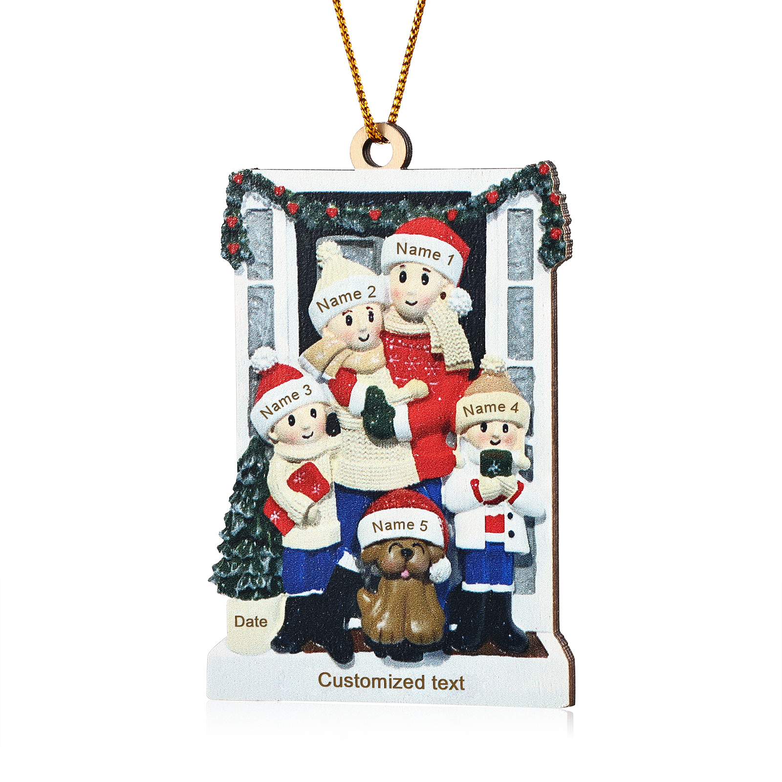 Décoration Sapin Noël en bois la famille avec le chien devant la porte 5 Prénoms Personnalisés avec texte et date Cadeau pour famille | Jessemade