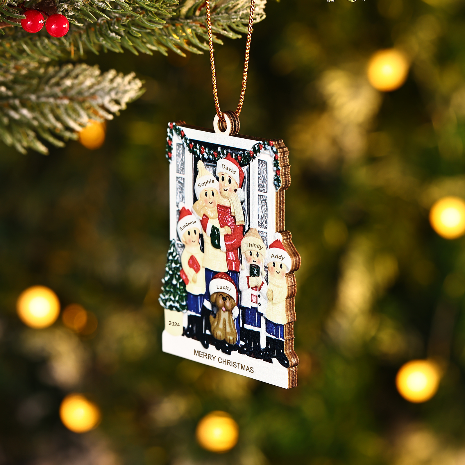 Décoration Sapin Noël en bois la famille avec le chien devant la porte 6 Prénoms Personnalisés avec texte et date Cadeau pour famille | Jessemade