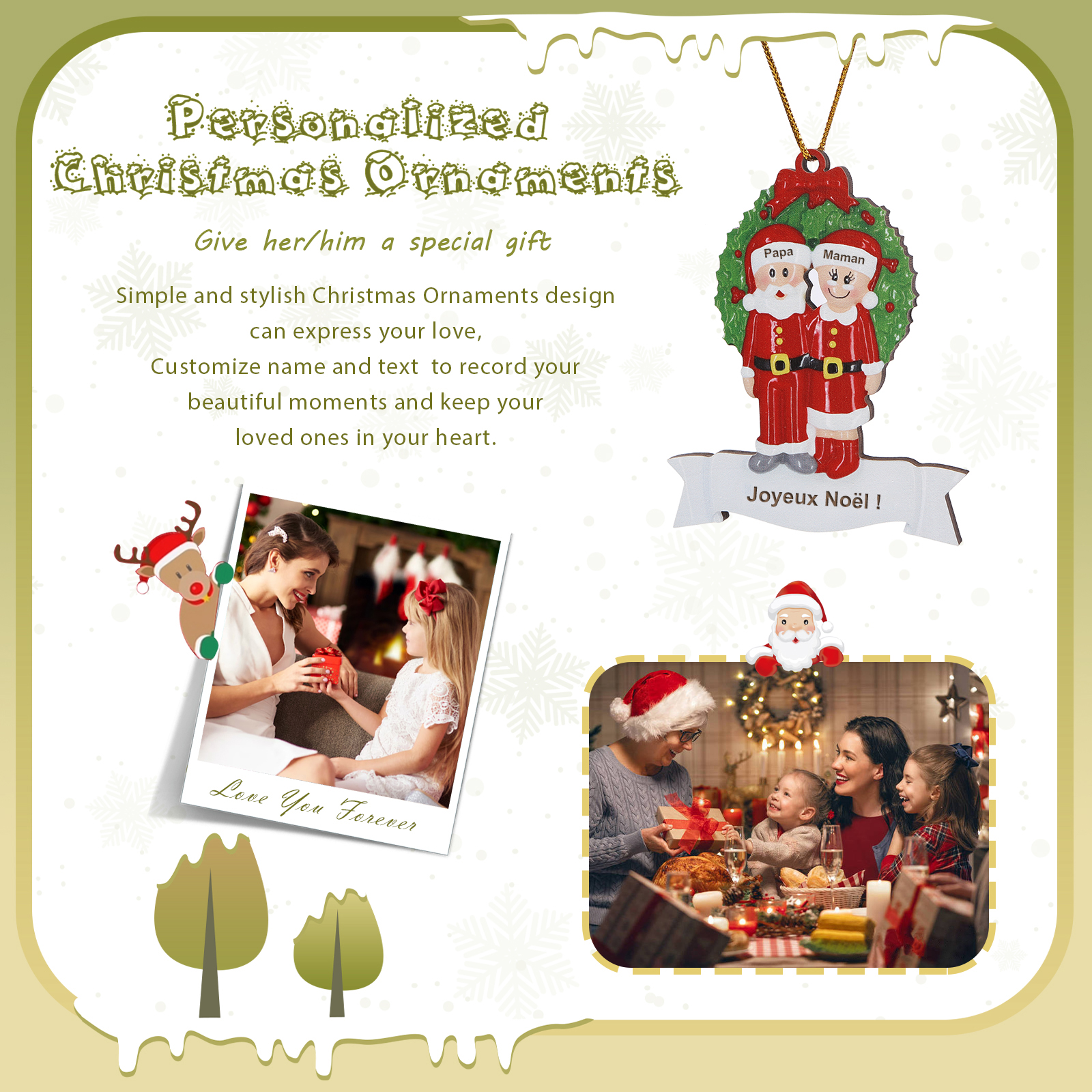 Décoration Sapin Noël en Bois Père Noël couronne de Noël 2 Prénoms Personnalisés avec Texte Cadeau pour Famille | Jessemade