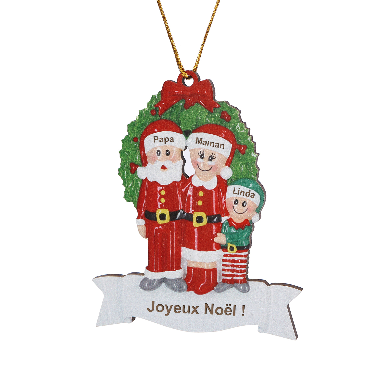 Décoration Sapin Noël en Bois Père Noël et Rennes 3 Prénoms Personnalisés avec Texte Cadeau pour Famille | Jessemade