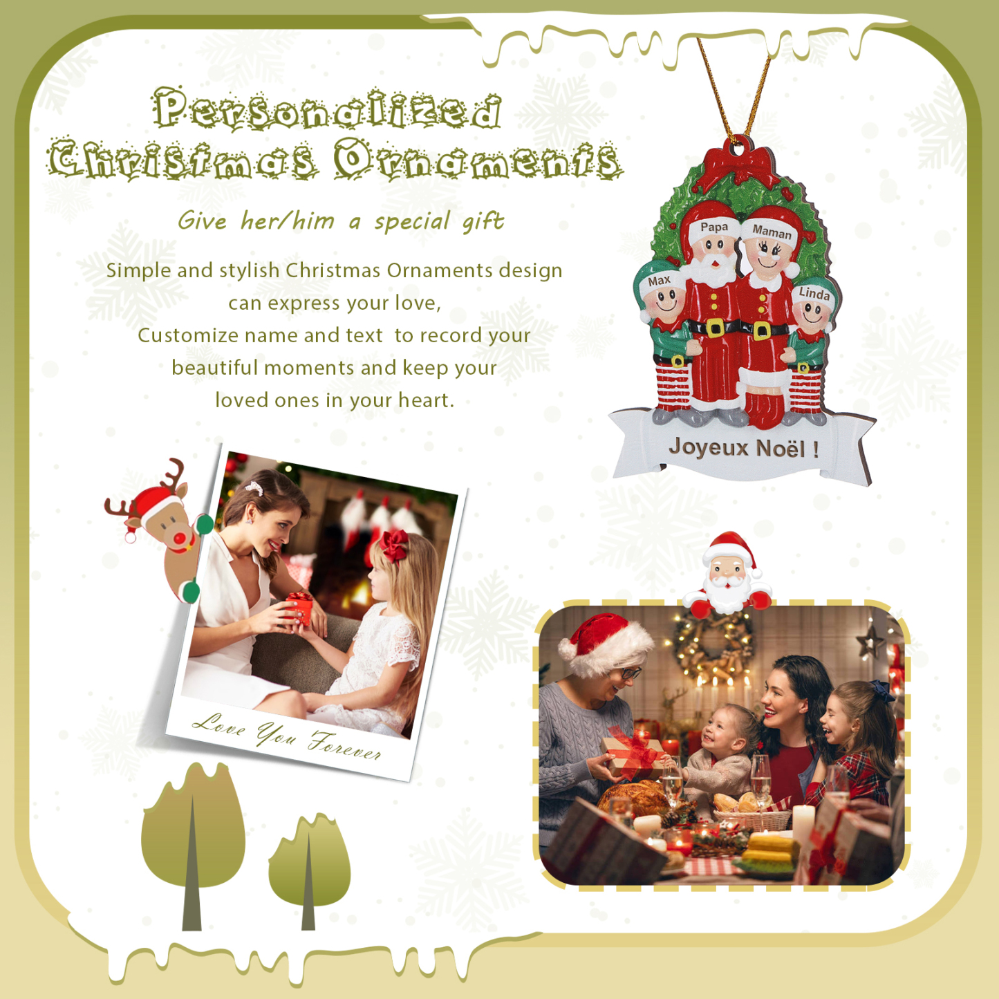Décoration Sapin Noël en Bois Père Noël couronne de Noël 4 Prénoms Personnalisés avec Texte Cadeau pour Famille | Jessemade