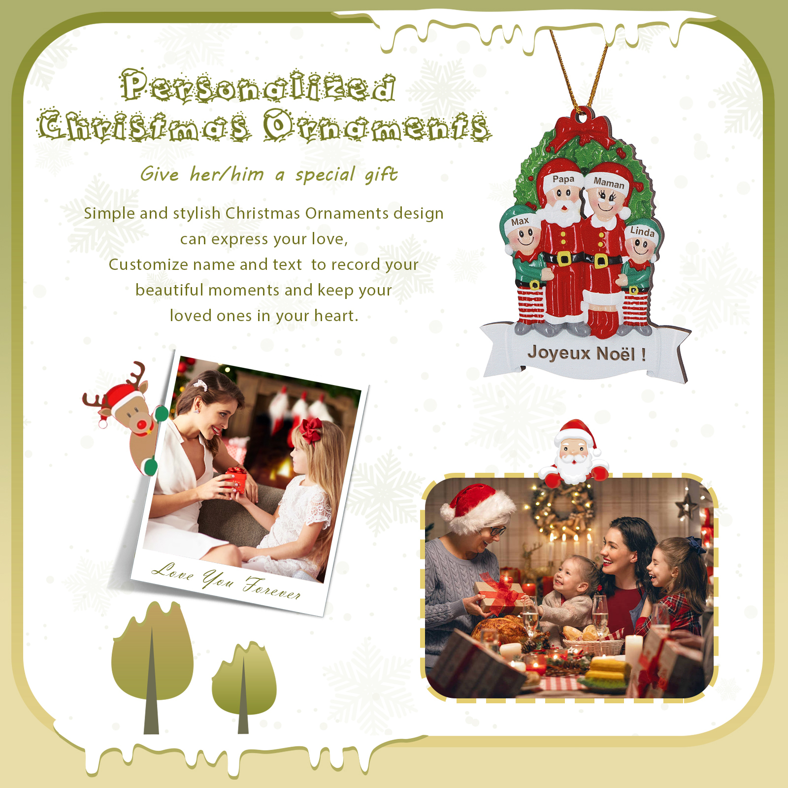Décoration Sapin Noël en Bois Père Noël couronne de Noël 4 Prénoms Personnalisés avec Texte Cadeau pour Famille | Jessemade
