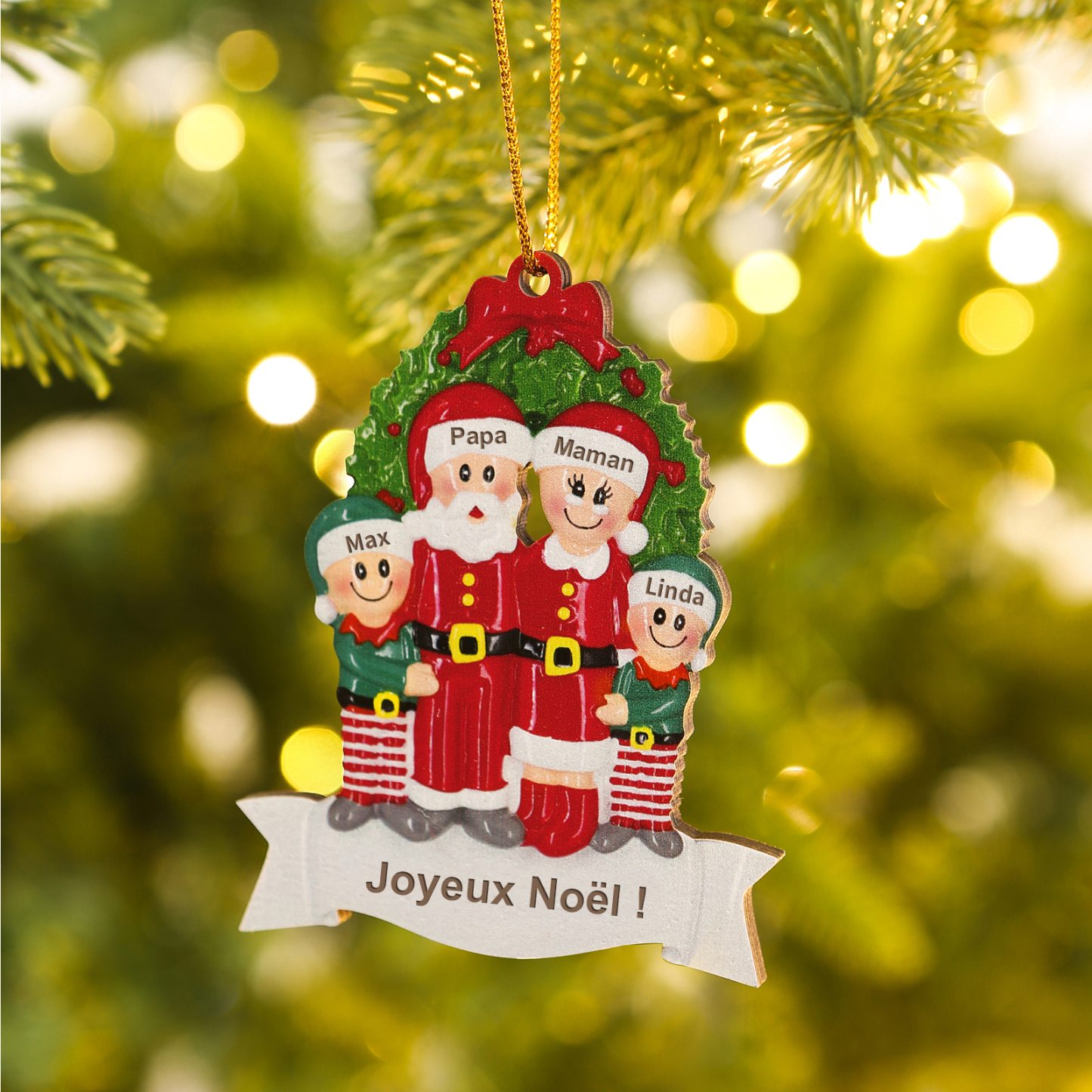 Décoration Sapin Noël en Bois Père Noël couronne de Noël 4 Prénoms Per