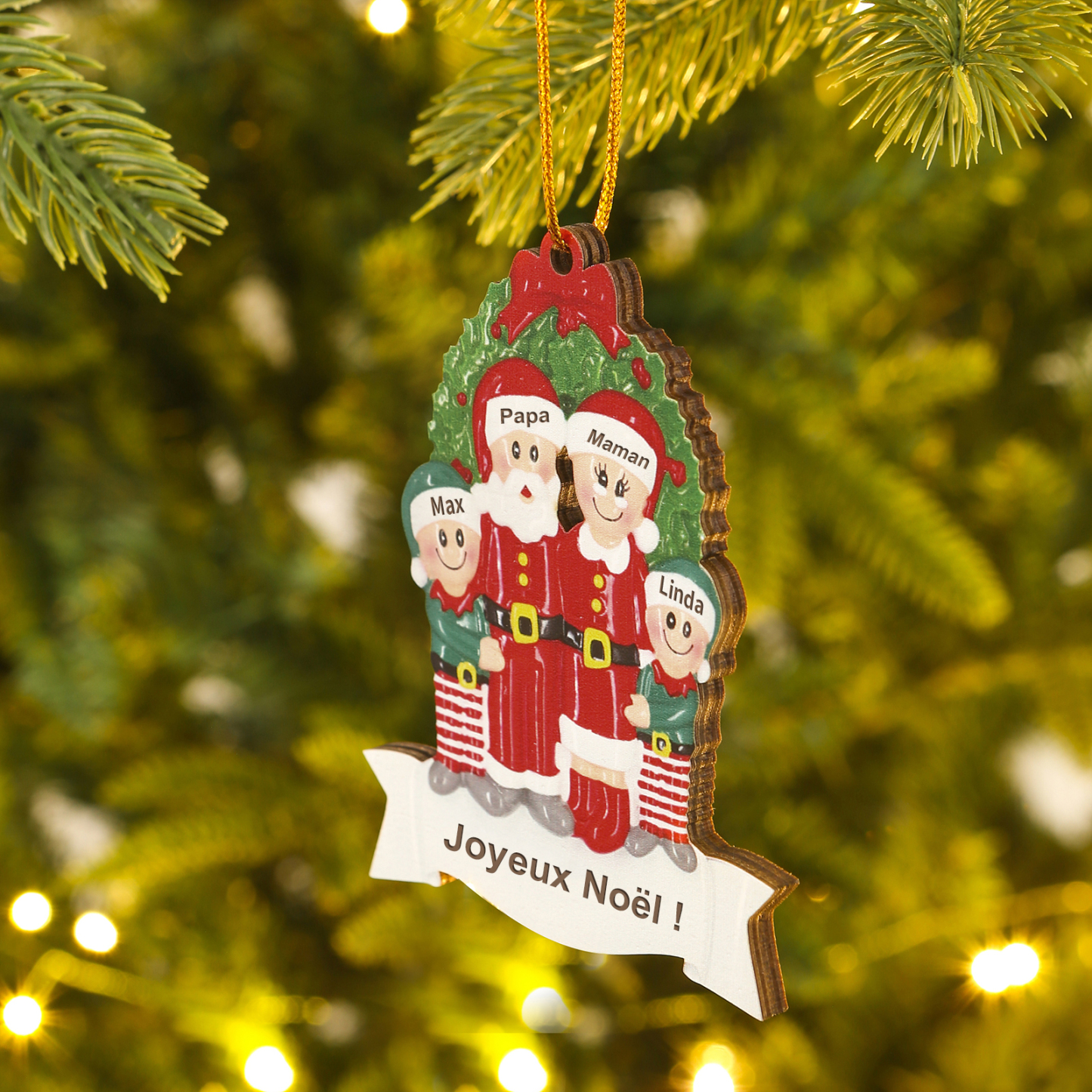 Décoration Sapin Noël en Bois Père Noël couronne de Noël 4 Prénoms Personnalisés avec Texte Cadeau pour Famille | Jessemade