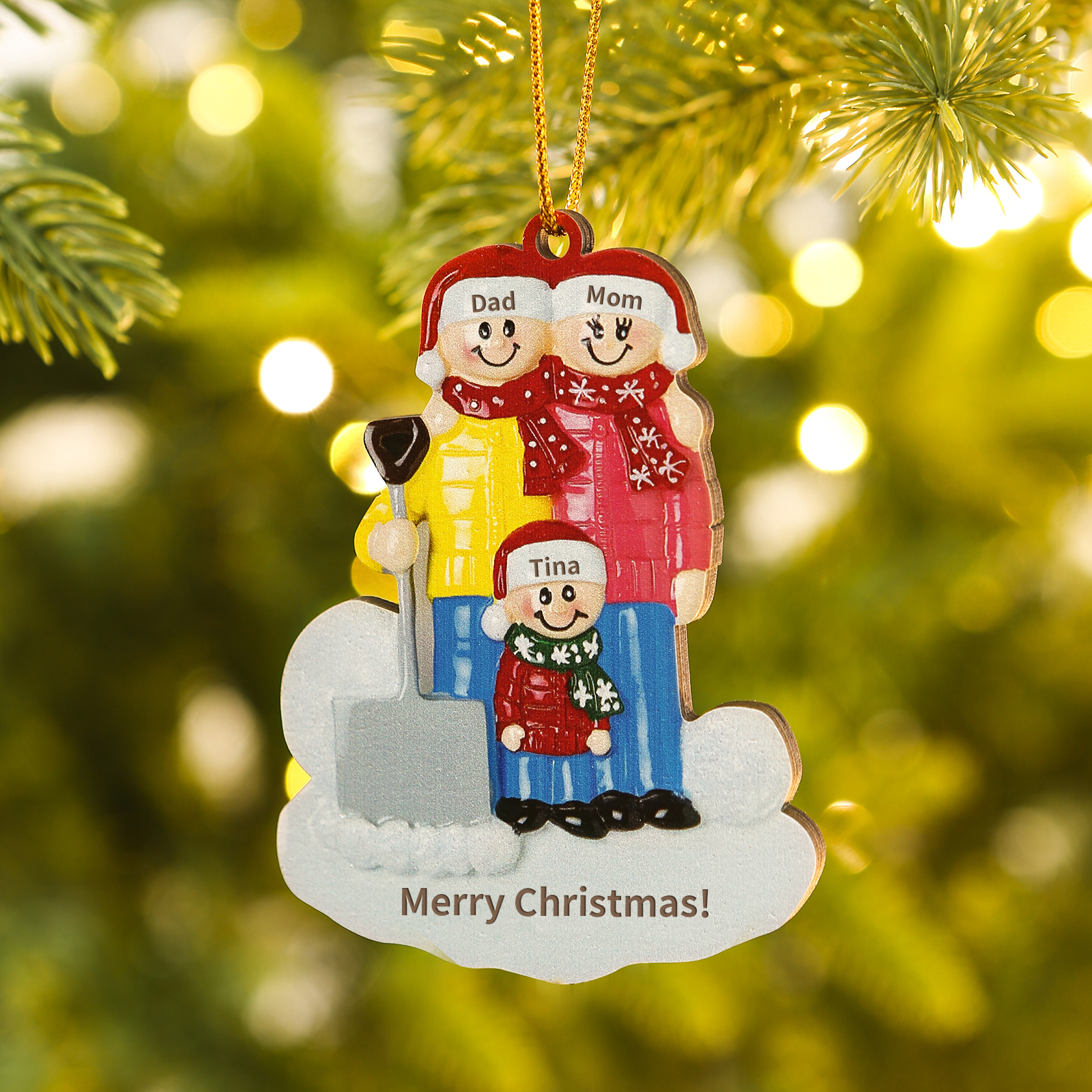 Décoration Sapin Noël en Bois Personnalisé avec 3 Prénoms et 1 Texte Ornement pelleter la neige pour Famille | Jessemade