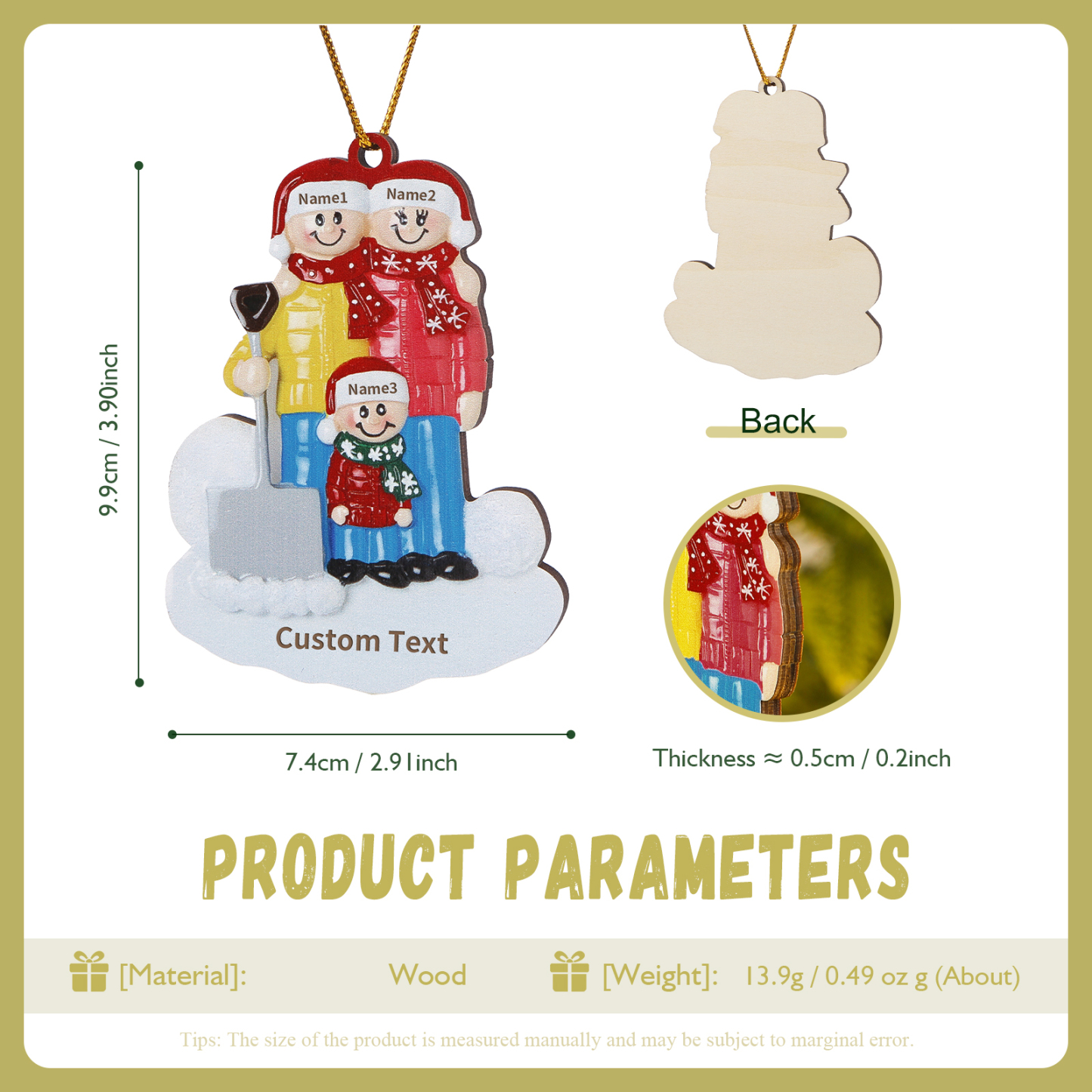 Décoration Sapin Noël en Bois Personnalisé avec 3 Prénoms et 1 Texte Ornement pelleter la neige pour Famille | Jessemade