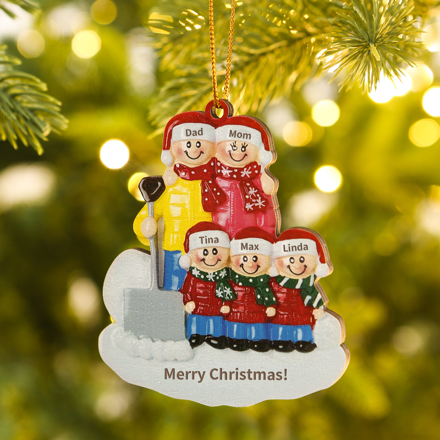 Décoration Sapin Noël en Bois Personnalisé avec 5 Prénoms et 1 Texte Ornement pelleter la neige pour Famille | Jessemade