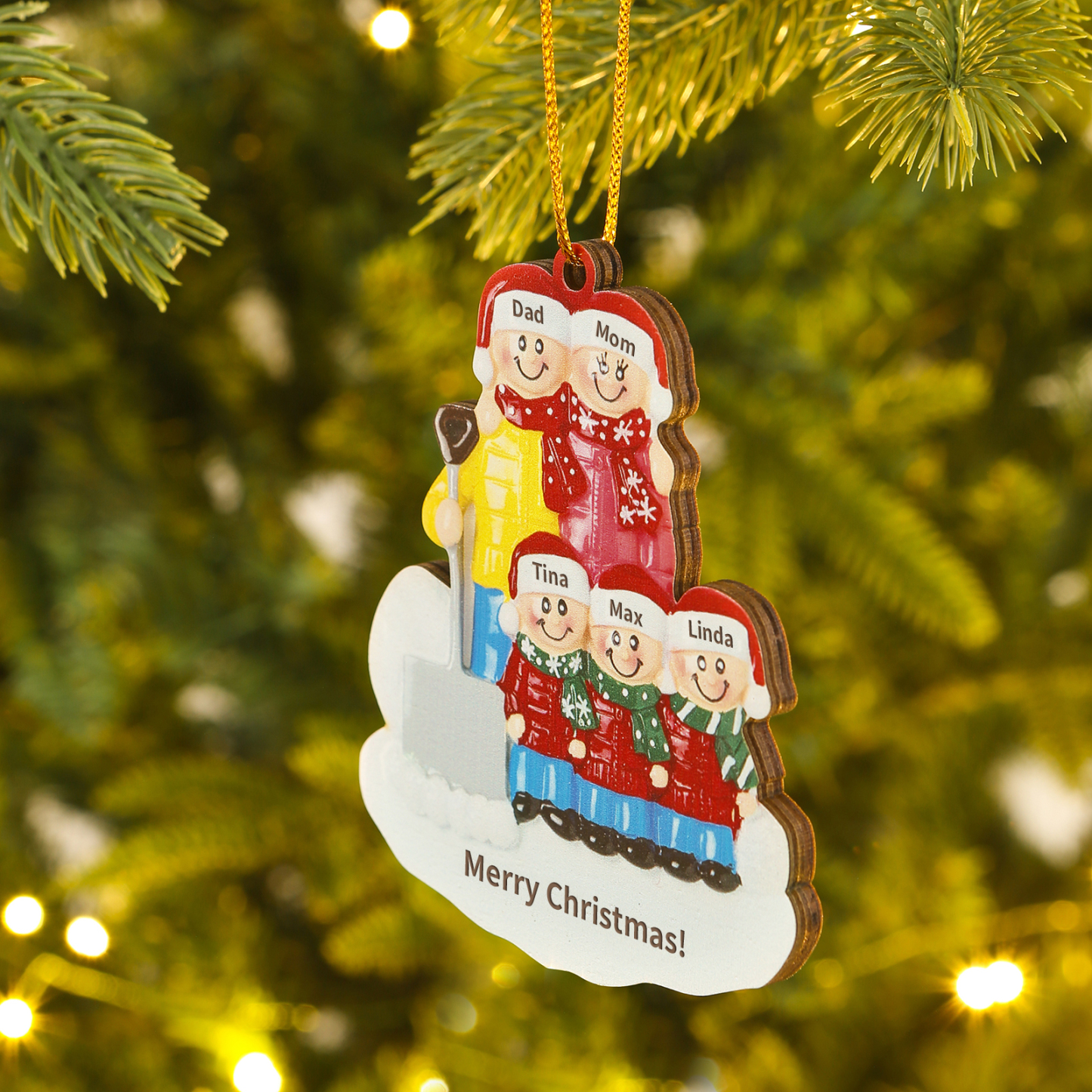 Décoration Sapin Noël en Bois Personnalisé avec 5 Prénoms et 1 Texte Ornement pelleter la neige pour Famille | Jessemade