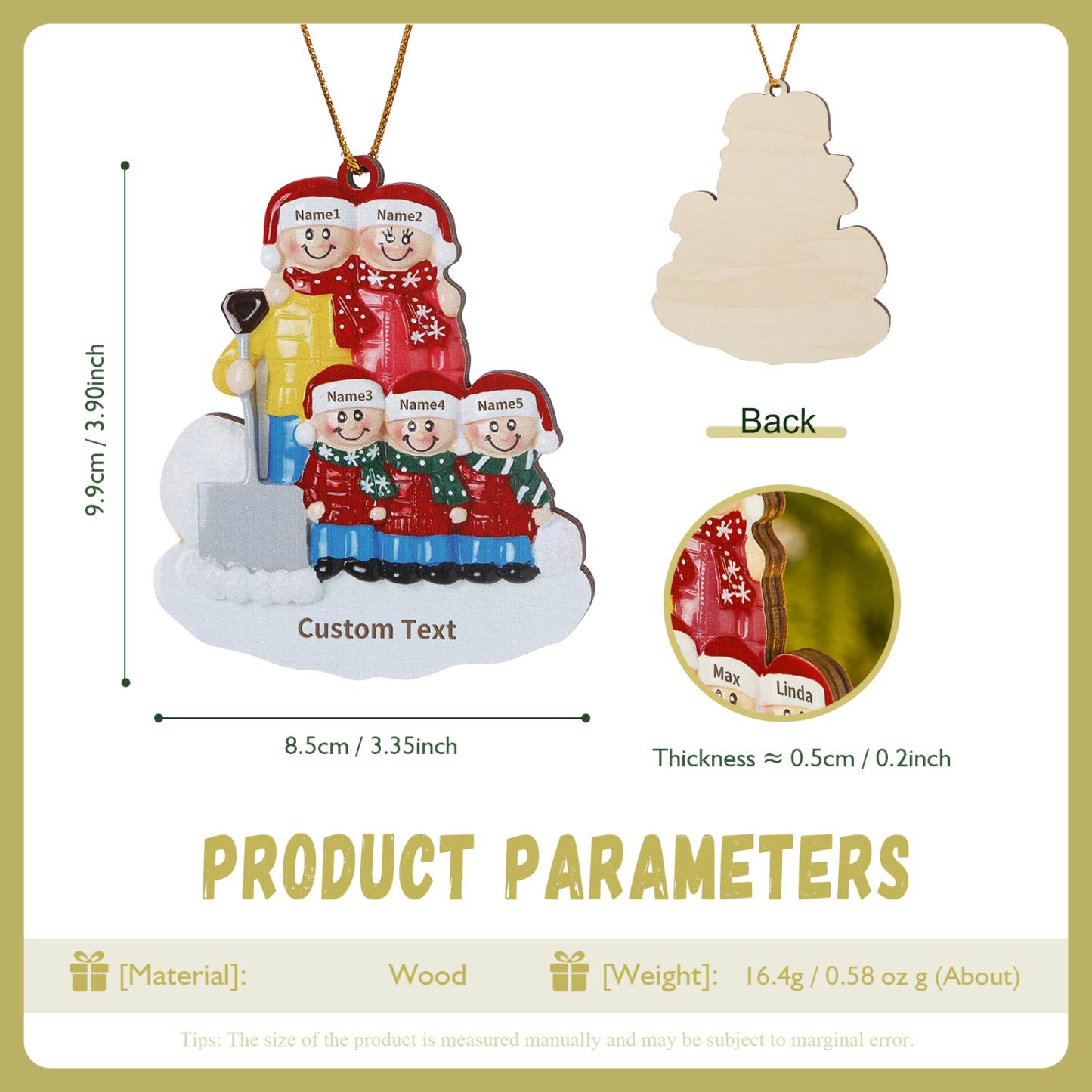 Décoration Sapin Noël en Bois Personnalisé avec 5 Prénoms et 1 Texte Ornement pelleter la neige pour Famille | Jessemade