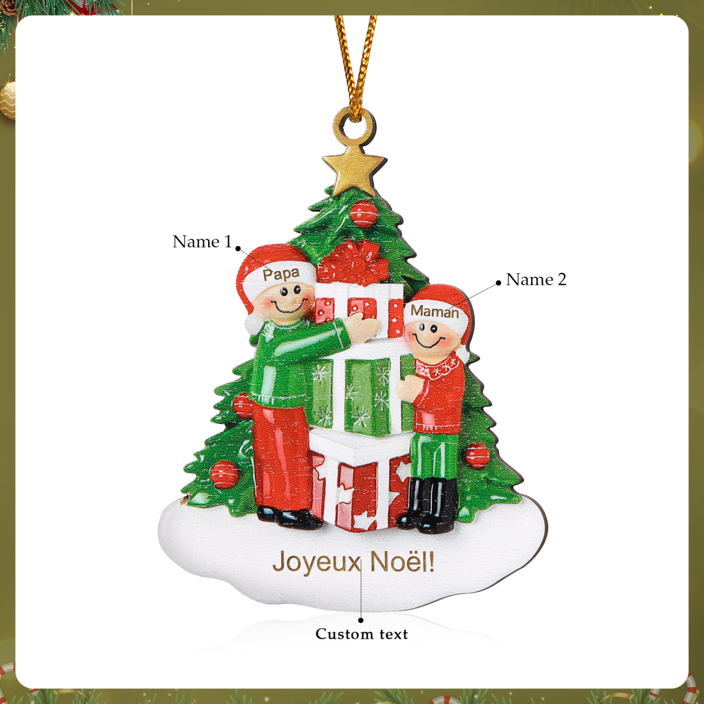 Décoration Sapin Noël en bois sapin et cadeau 2 Prénoms Personnalisés avec texte Ornement de Noël Cadeau pour famille | Jessemade