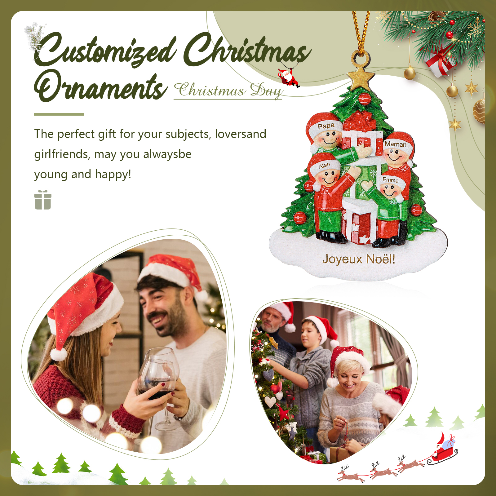 Décoration Sapin Noël en bois sapin et cadeau 4 Prénoms Personnalisés avec texte Ornement de Noël Cadeau pour famille | Jessemade