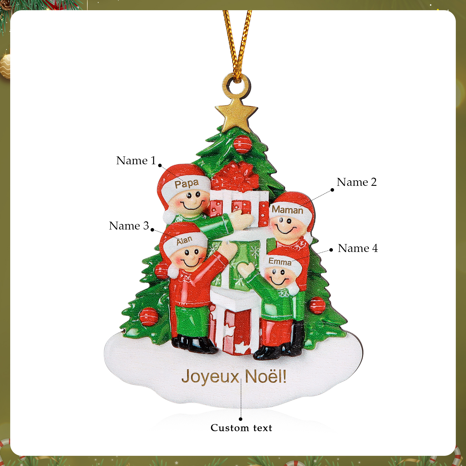 Décoration Sapin Noël en bois sapin et cadeau 4 Prénoms Personnalisés avec texte Ornement de Noël Cadeau pour famille | Jessemade