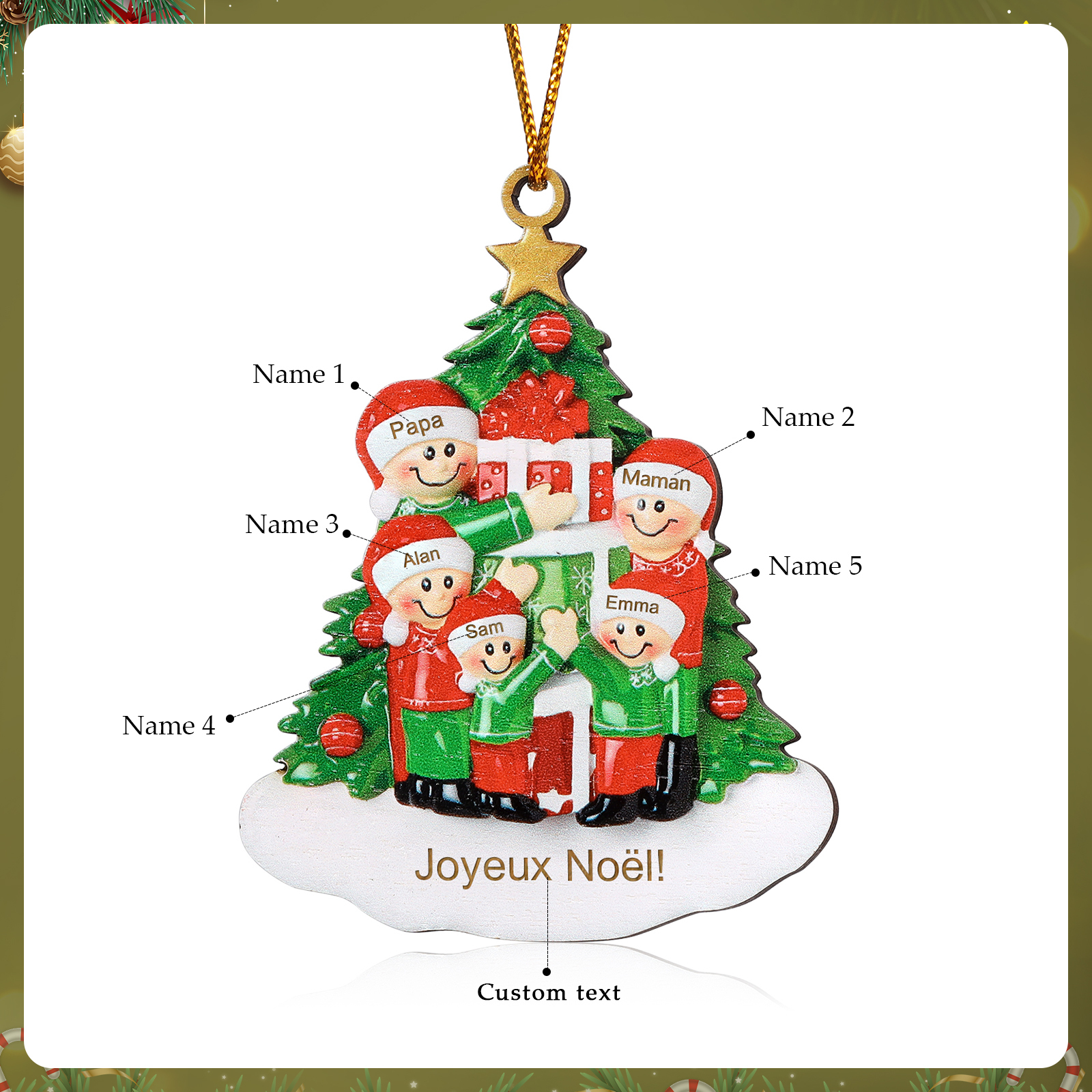 Décoration Sapin Noël en bois sapin et cadeau 5 Prénoms Personnalisés avec texte Ornement de Noël Cadeau pour famille | Jessemade