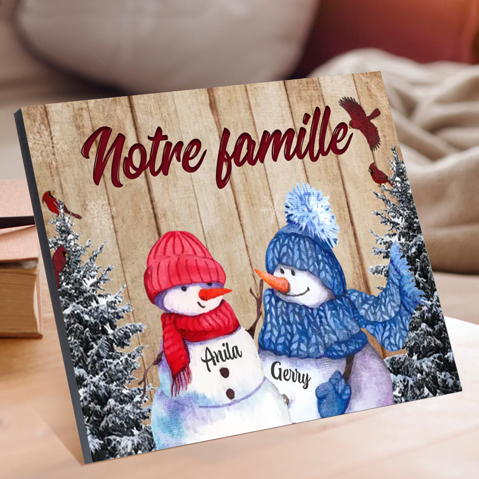 Cadre en Bois Bonhommes de Neige 2 Prénoms Personnalisés avec texte Cadeau pour Noël | Jessemade