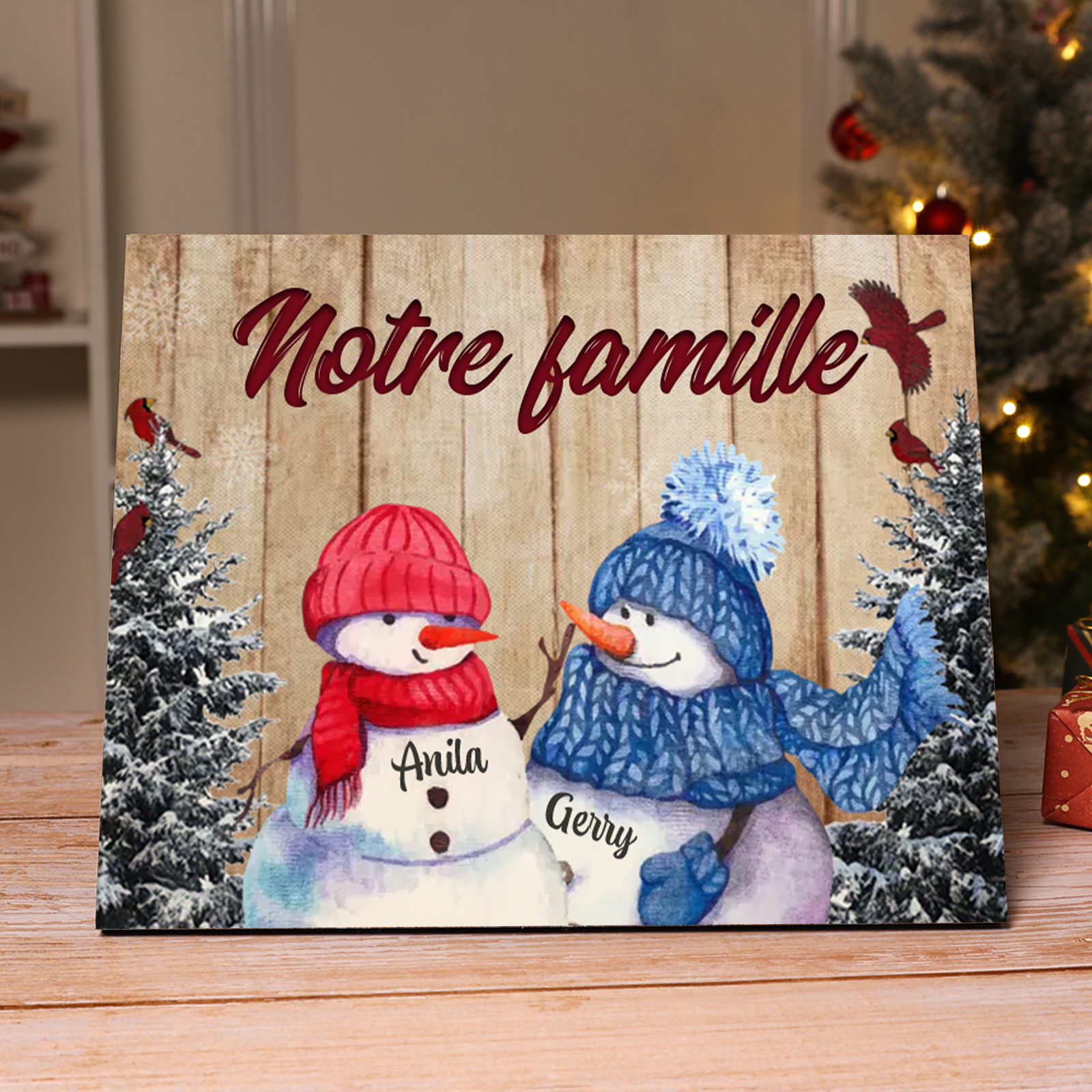Cadre en Bois Bonhommes de Neige 2 Prénoms Personnalisés avec texte Cadeau pour Noël | Jessemade