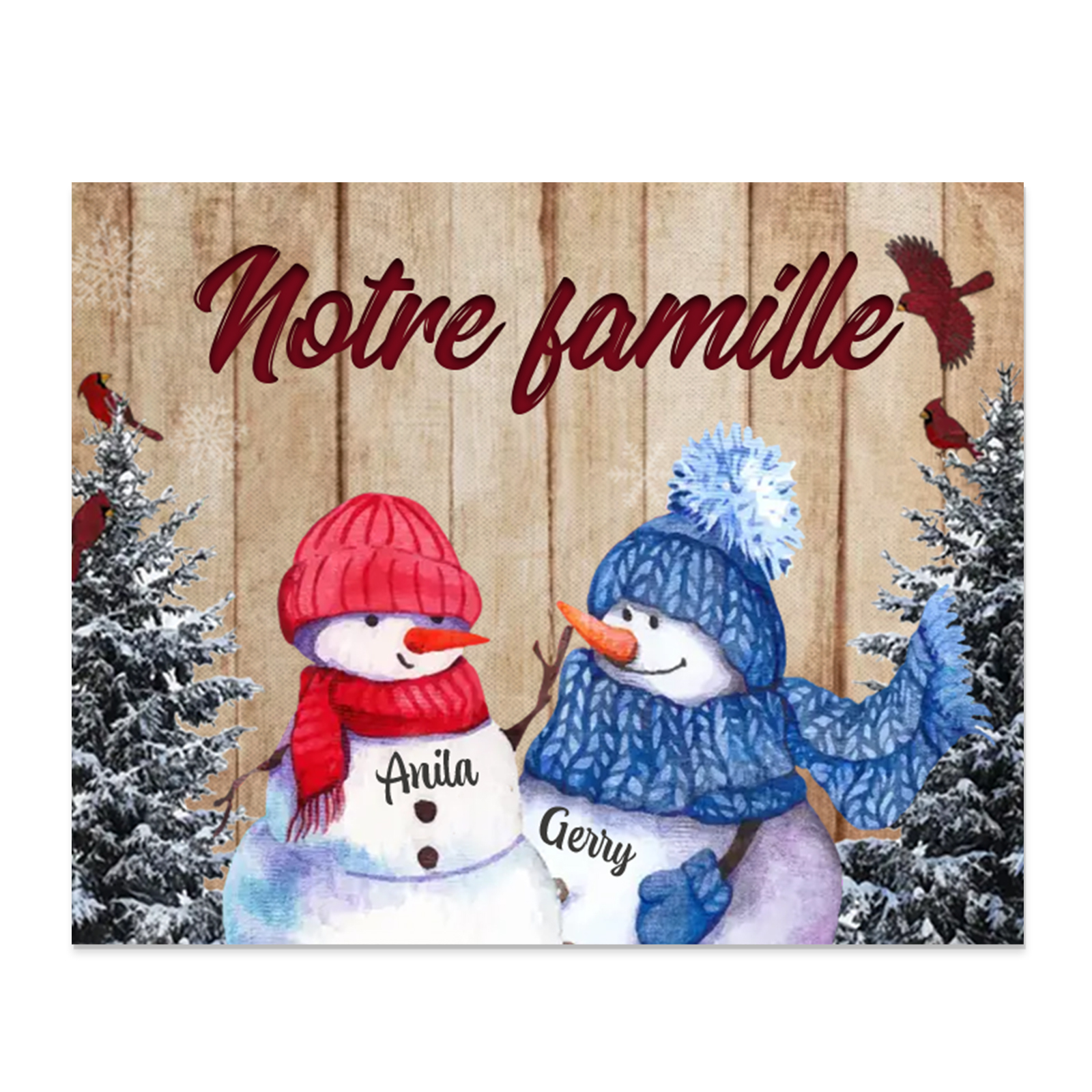 Cadre en Bois Bonhommes de Neige 2 Prénoms Personnalisés avec texte Ca