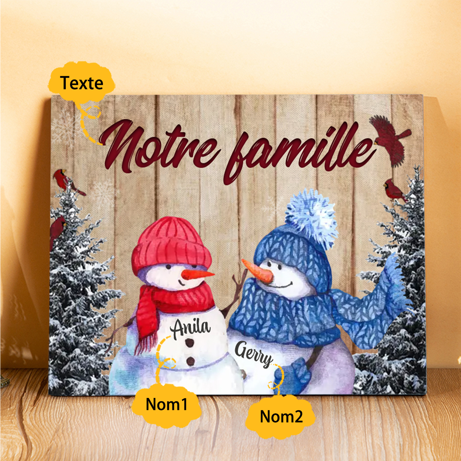 Cadre en Bois Bonhommes de Neige 2 Prénoms Personnalisés avec texte Cadeau pour Noël | Jessemade