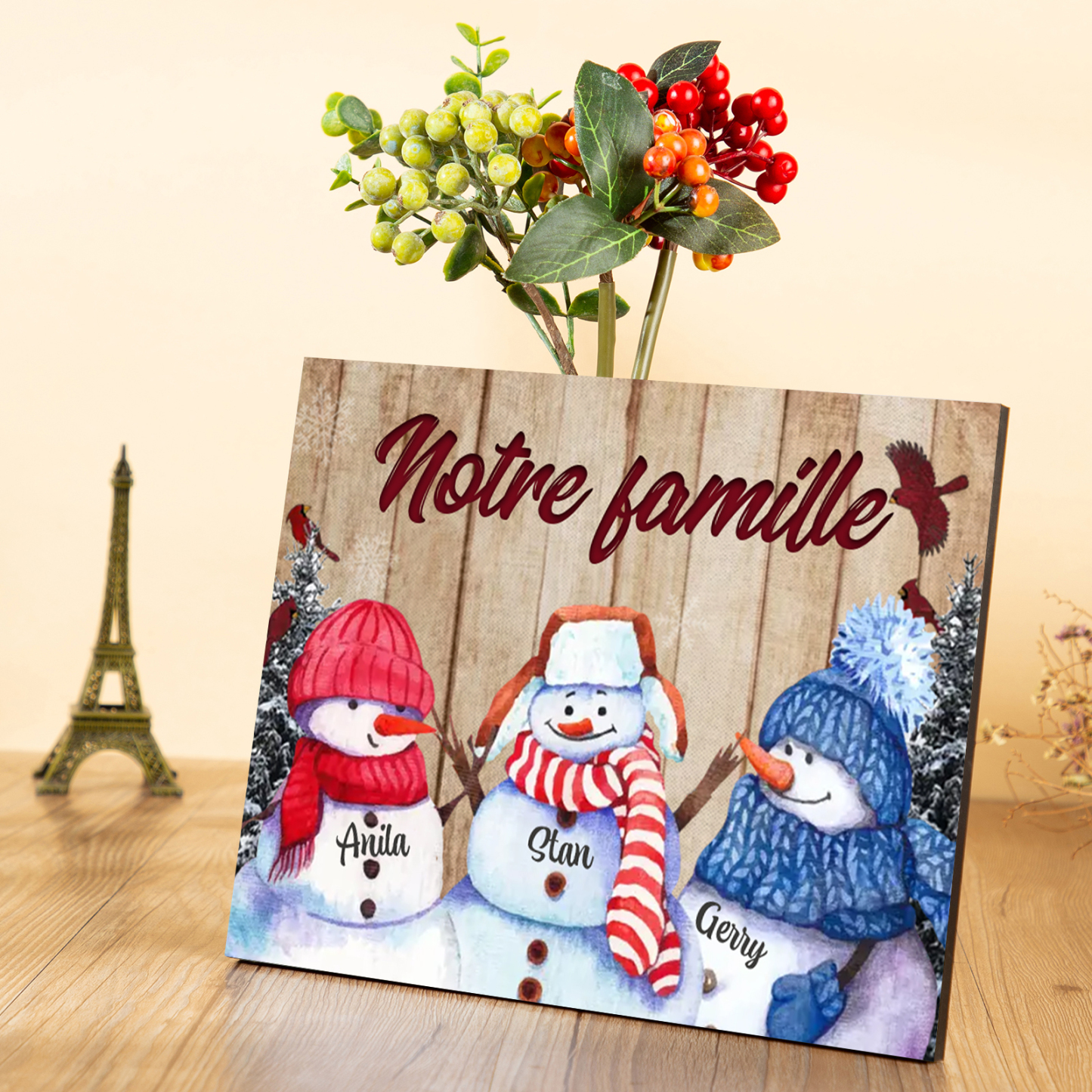 Cadre en Bois Bonhommes de Neige 3 Prénoms Personnalisés avec texte Cadeau pour Noël | Jessemade