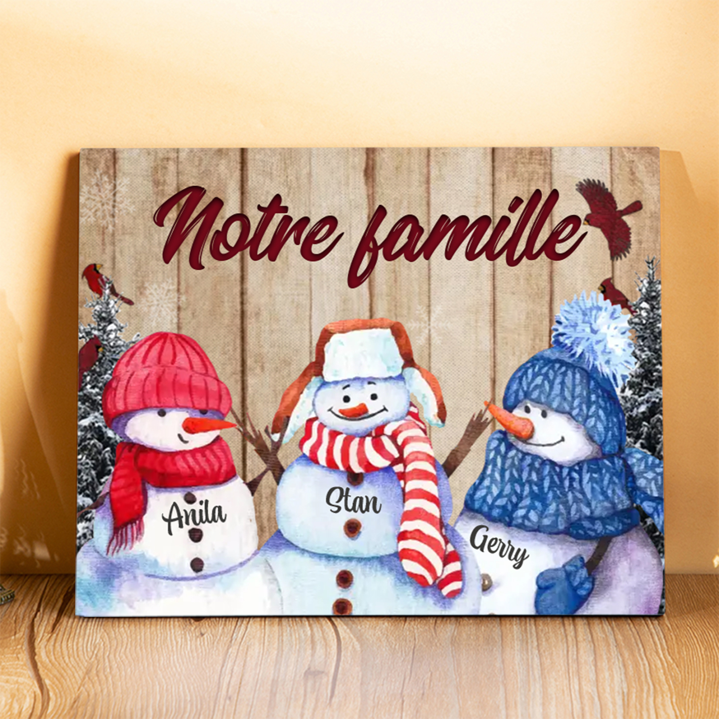 Cadre en Bois Bonhommes de Neige 3 Prénoms Personnalisés avec texte Cadeau pour Noël | Jessemade