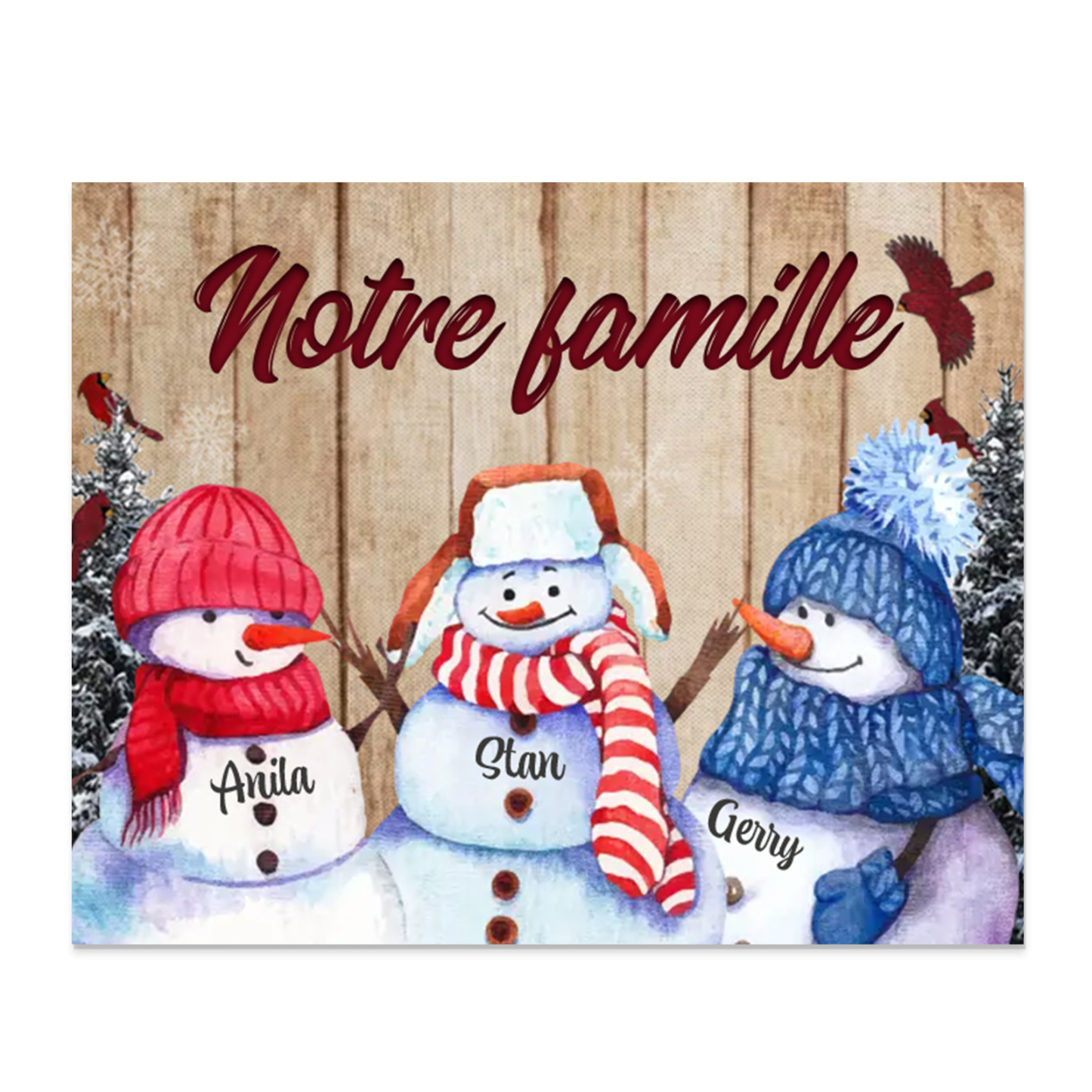 Cadre en Bois Bonhommes de Neige 3 Prénoms Personnalisés avec texte Ca