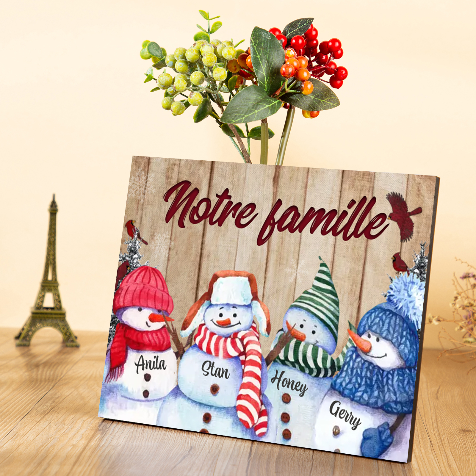 Cadre en Bois Bonhommes de Neige 4 Prénoms Personnalisés avec texte Cadeau pour Noël | Jessemade