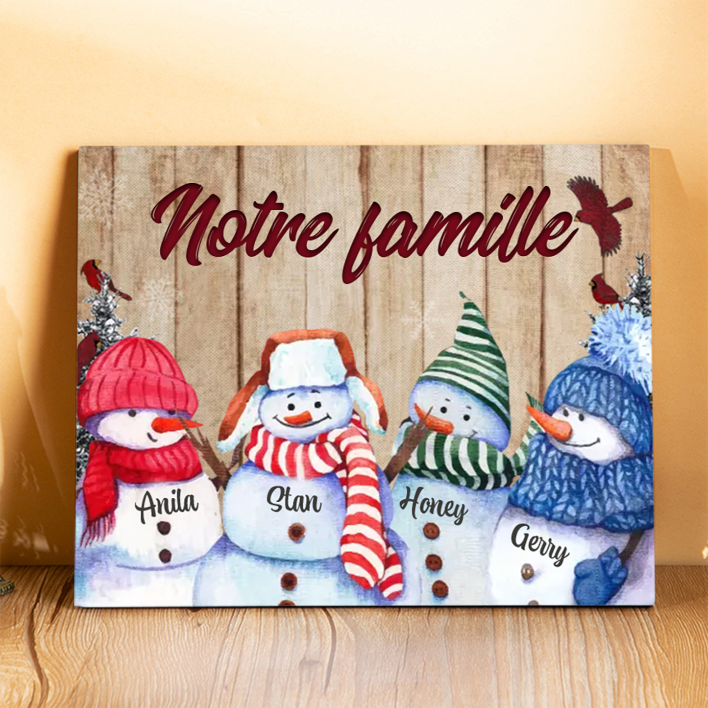 Cadre en Bois Bonhommes de Neige 4 Prénoms Personnalisés avec texte Cadeau pour Noël | Jessemade
