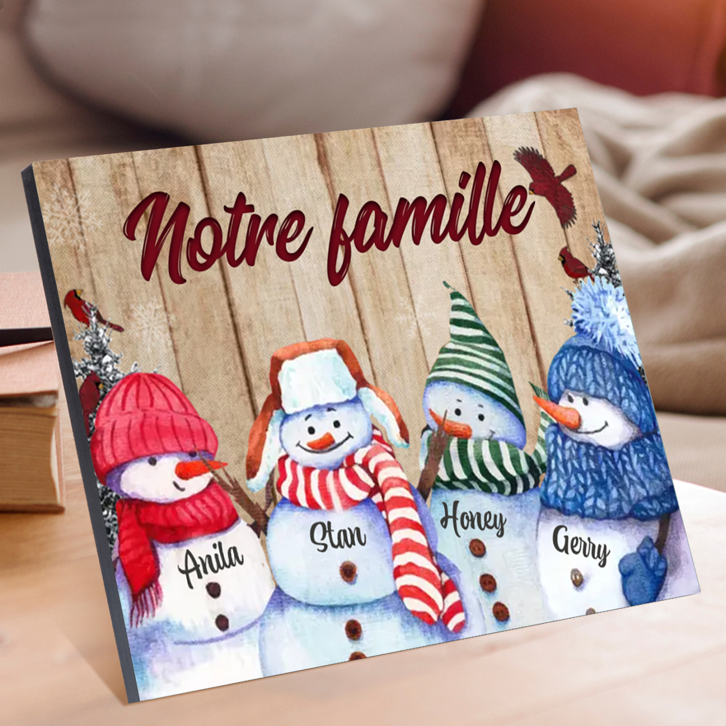 Cadre en Bois Bonhommes de Neige 4 Prénoms Personnalisés avec texte Cadeau pour Noël | Jessemade